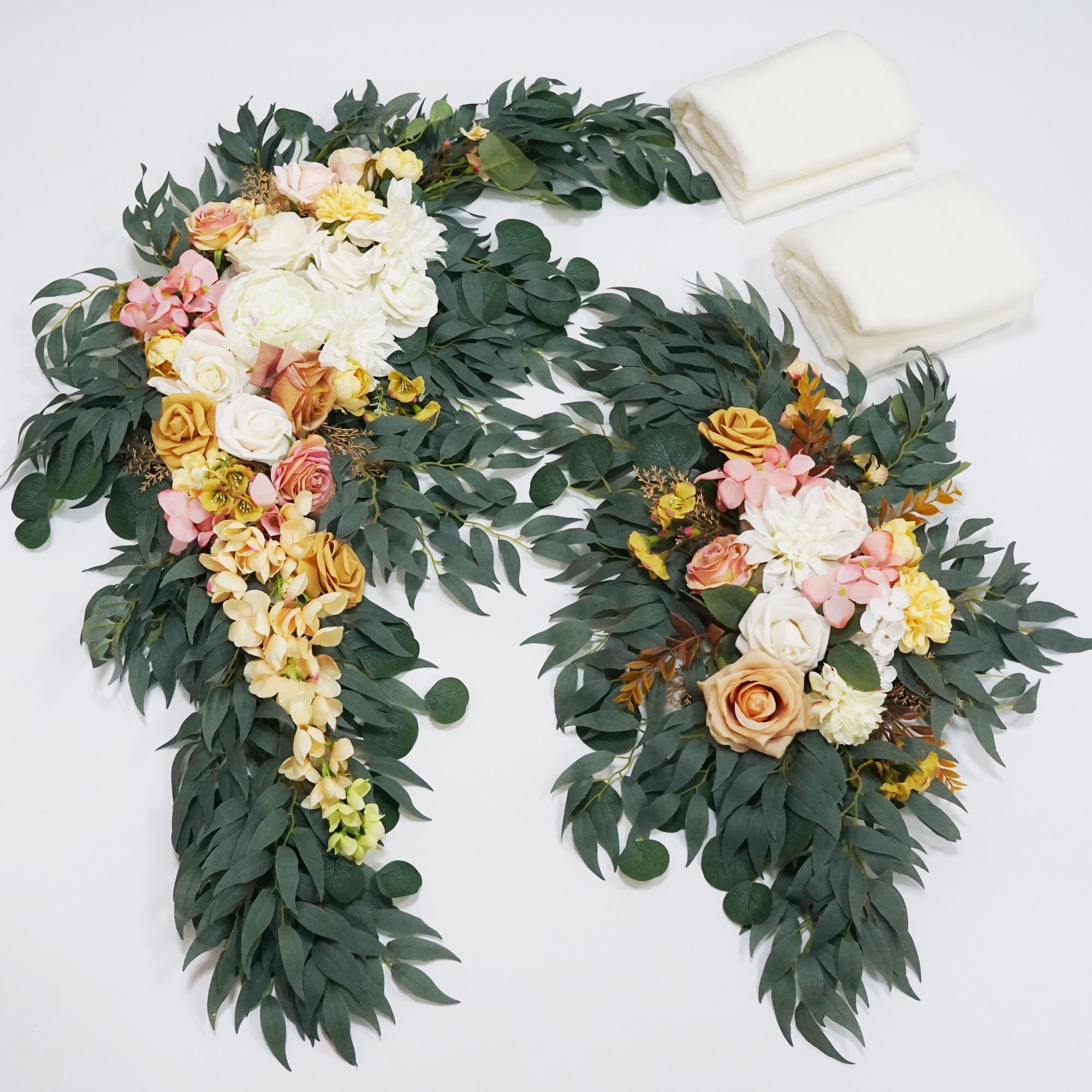 VOELIGT Artificial Wedding Arch Flowers Set of 4, 2 Pcs Floral Arrangement and 2 Pcs Fabric Draps for Wedding Ceremony Bouquets or Reception Backdrop Decoration Champagne Powder