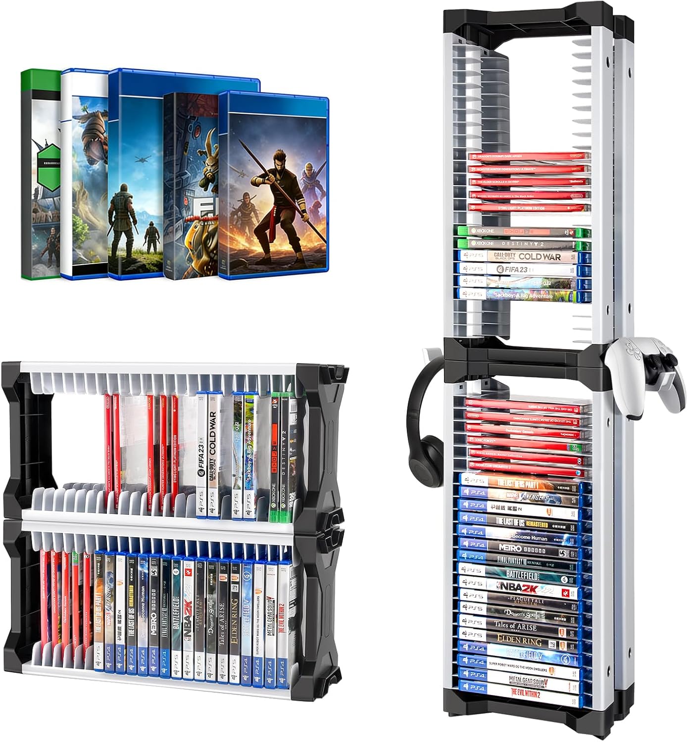 ASFSKY Game Storage Tower - 48 Games Video Game Organizer & Holder with 2 Controller Hooks, Universal Video Game Storage Compatible with PS5/PS4/Xbox/Switch（46Pcs）