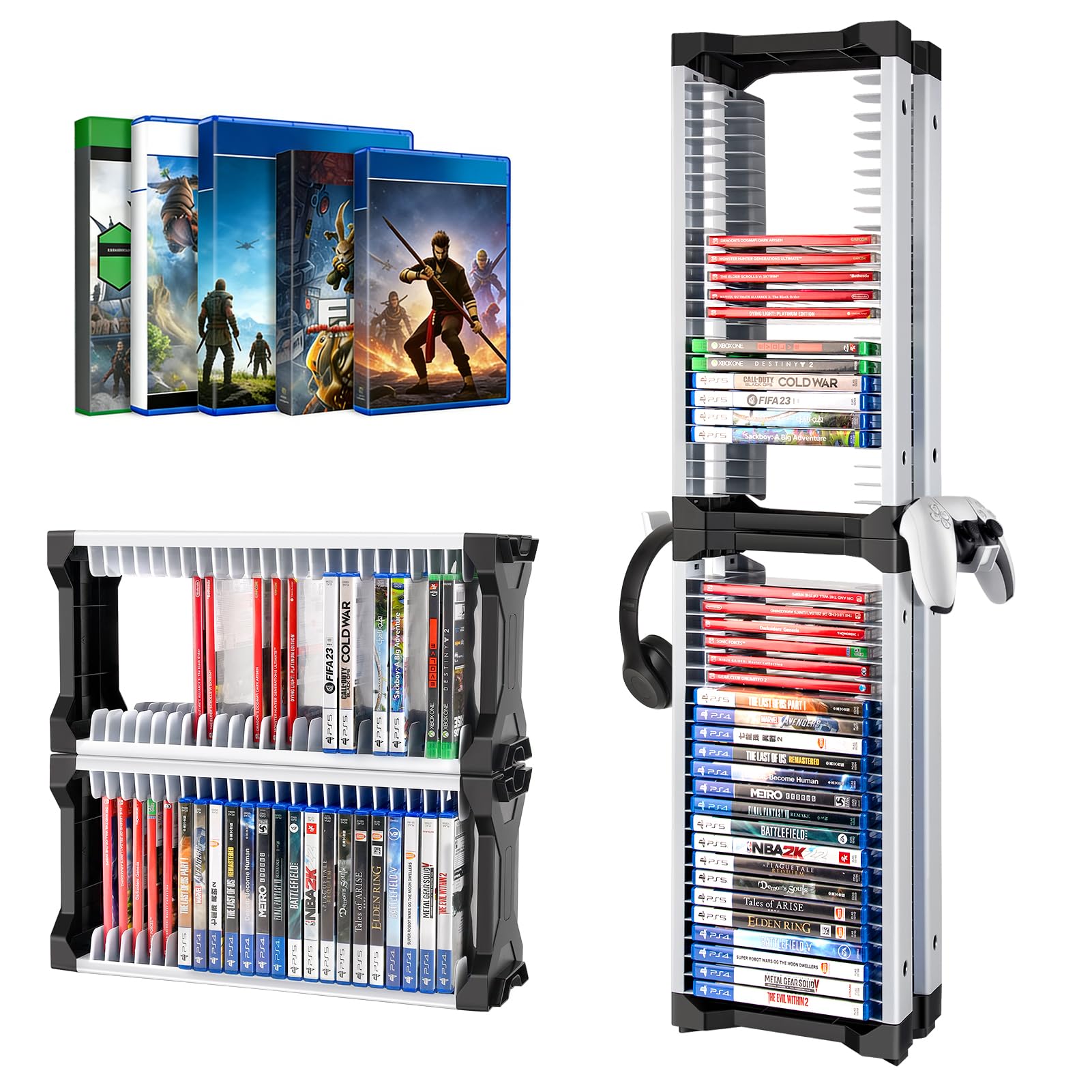 ASFSKY Game Storage Tower - 48 Games Video Game Organizer & Holder with 2 Controller Hooks, Universal Video Game Storage Compatible with PS5/PS4/Xbox/