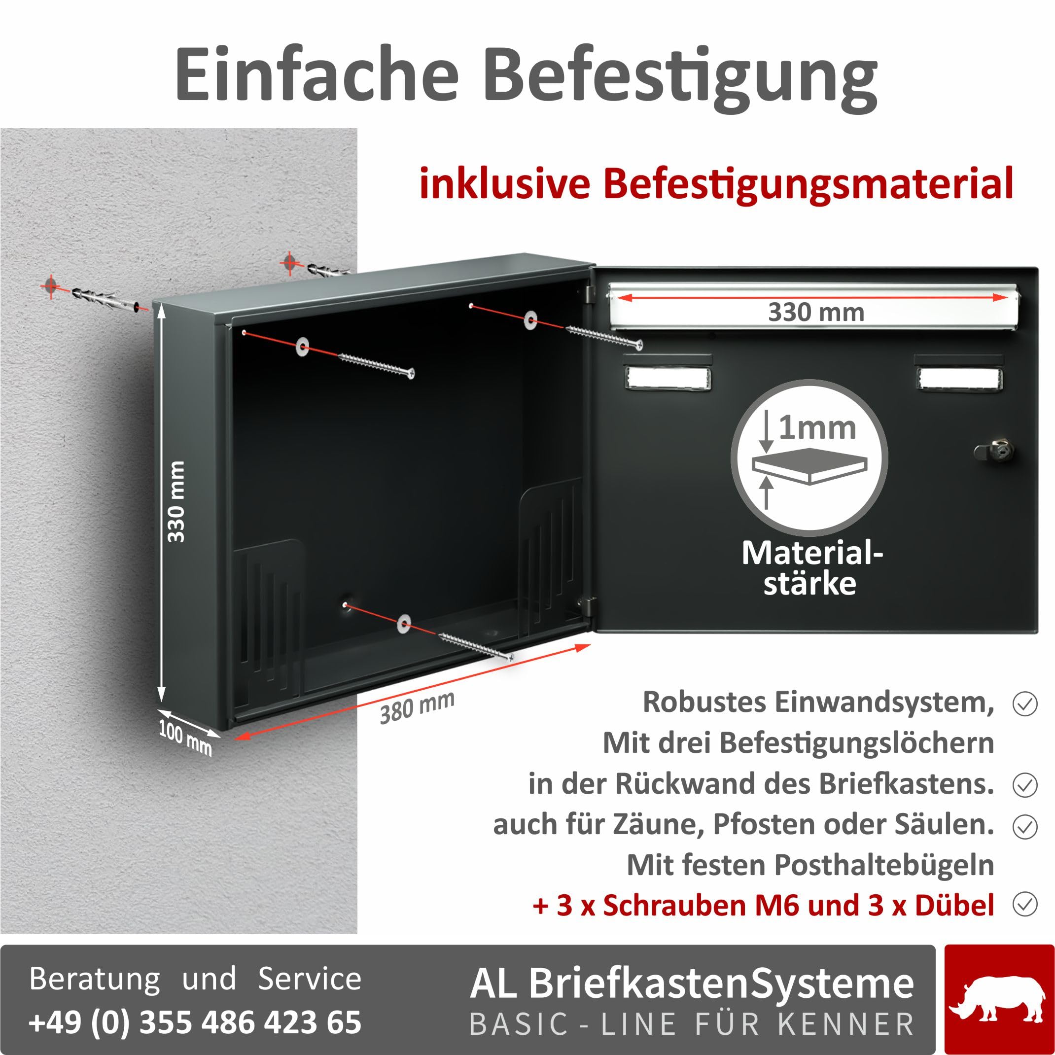 AL Briefkastensysteme Basic 10er Briefkasten RAL 7016 Anthrazit Grau/Einwurfklappe RAL 9006 Weiß Aluminium 10 Fach DIN A4 wetterfest mit Posthaltebügel und 2 Namensschildern