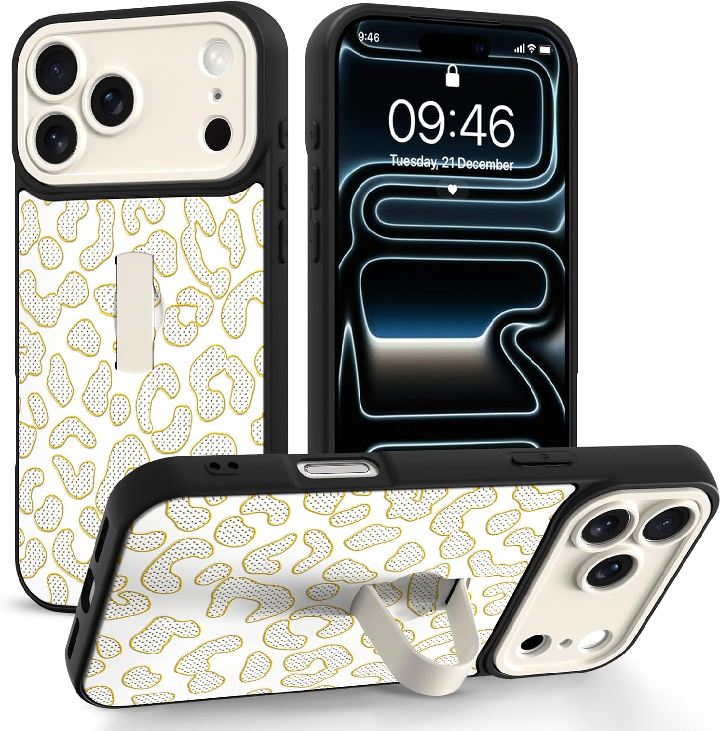 Compatible with iPhone 17 Pro Max Case with Finger Strap Stand, Trendy Glitter Leopard Print Phone Case for Women Men, Full Camera Protection Shockproof Protective Cover, White Leopard 2
