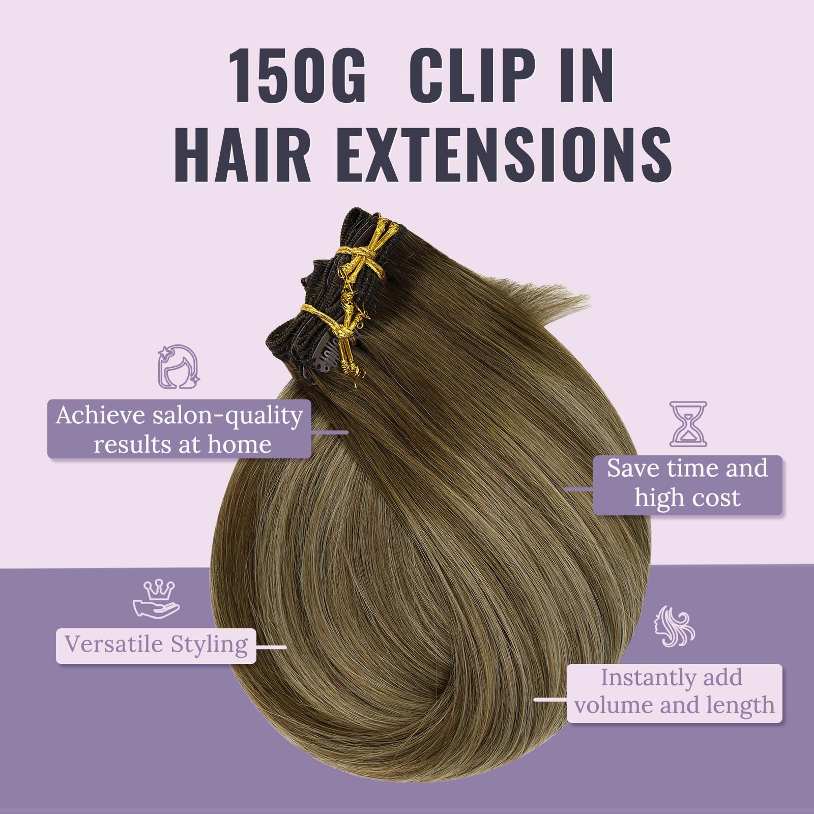 Fshine Clip Capelli Veri Capelli Umani in Estensioni 18 Pollici 135G Capelli Veri Clip in Extension 7 Pezzi Dei Capelli Umani Reale Balayage Castano Medio con Biondo Miele e Marrone Medio #4/27/4