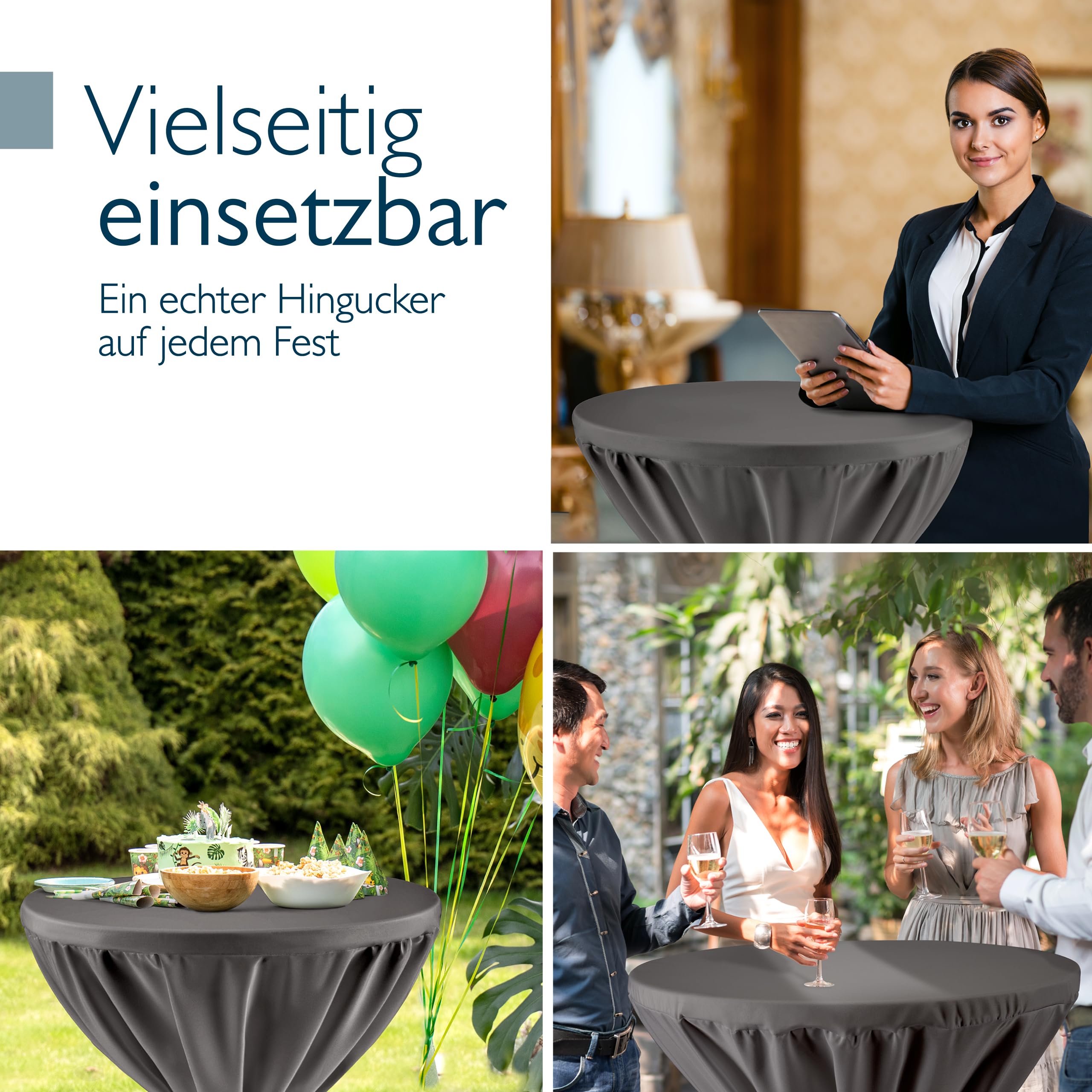 Beautissu Grauer Stehtisch klappbar 60 cm mit Premium Stehtischhusse Anthrazit & Schleifenband – Wetterbeständig Outdoor Bistrotisch rund Kratzfest UV-beständig – Husse rutschfest waschbar – Bellini