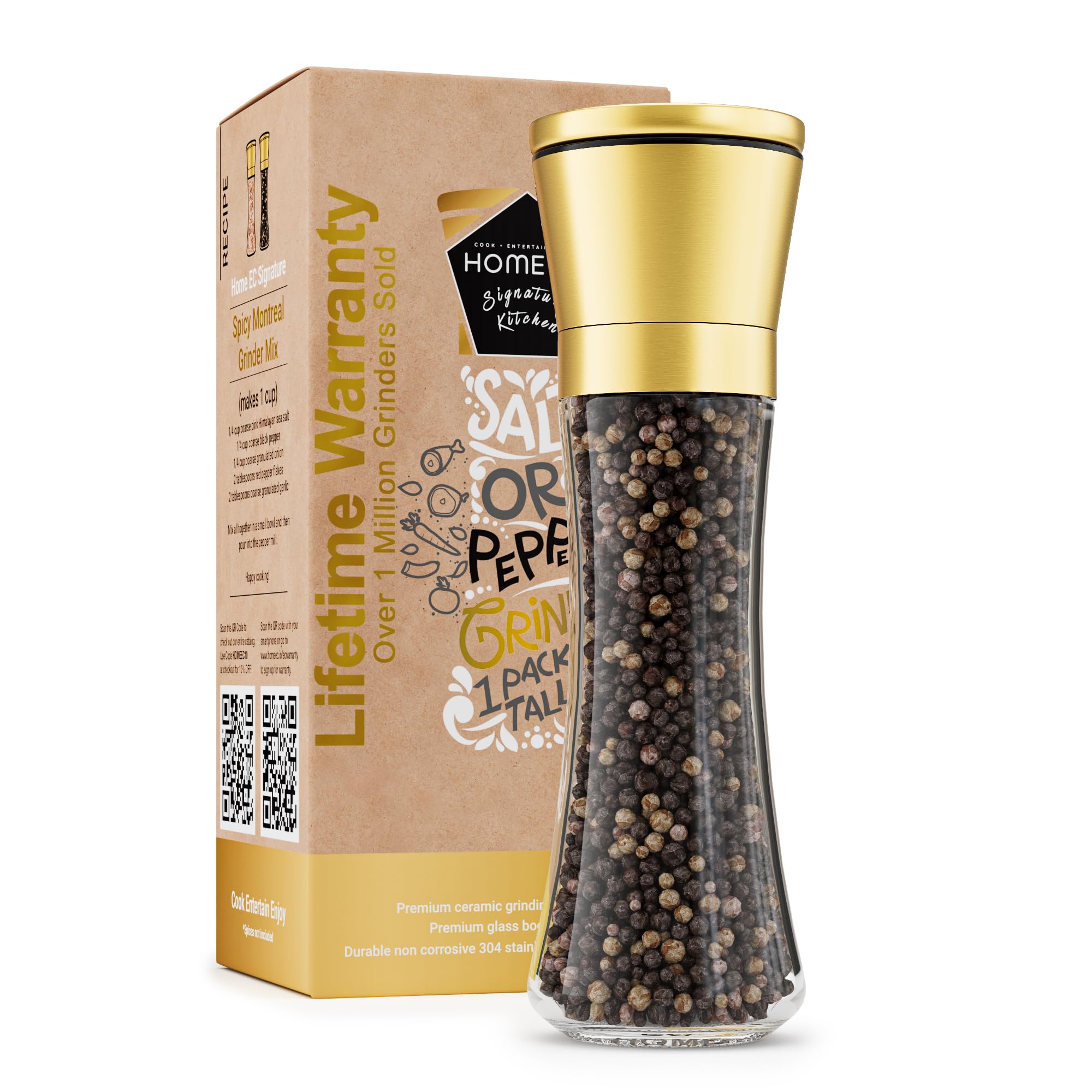 HOME EC Original Stainless Steel Salt or Pepper Grinder 1pk - Adjustable Ceramic Sea Salt Grinder or Pepper Mill - Tall Glass Spice Shaker - Spice Mill w/Ebook (Gold)