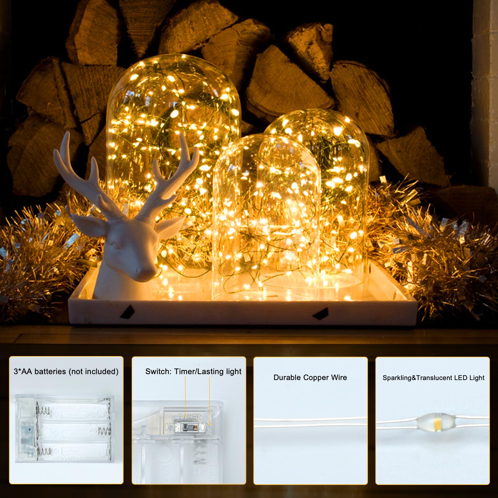 Guirlande lumineuse à piles pour l'intérieur avec minuterie et batterie pour Noël, décoration de Noël, mariage, 3 m, blanc chaud