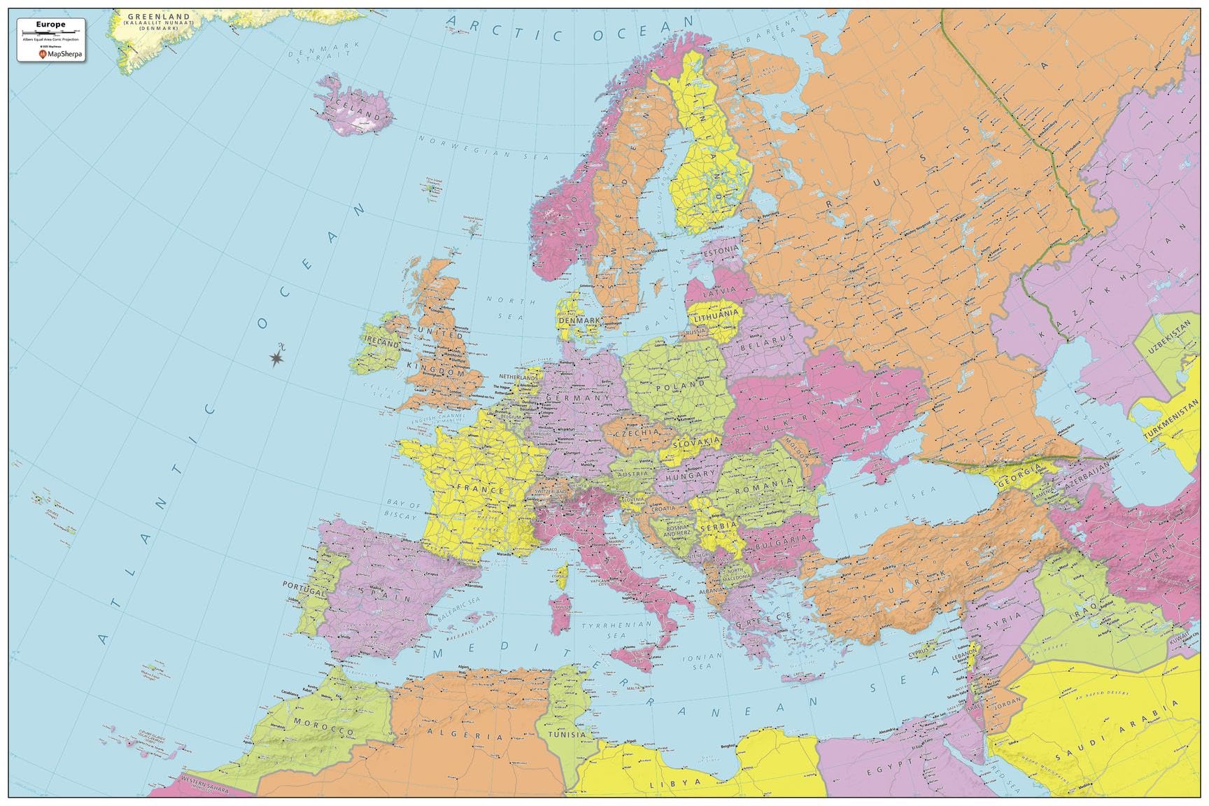 MapSherpa: Europe Political Wall Map - 91 x 61 cm Poster