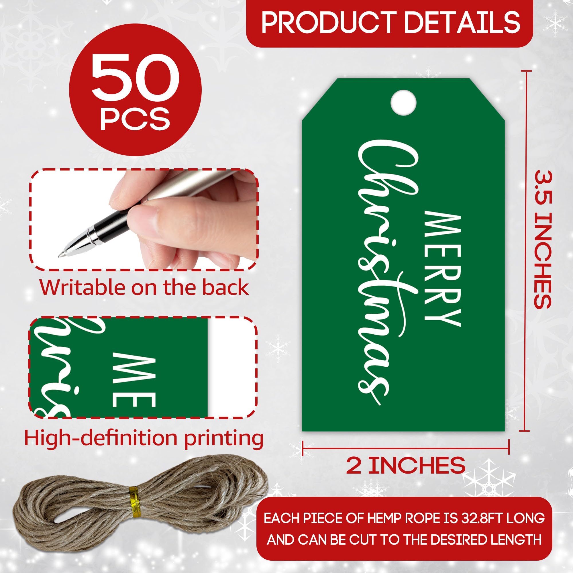 C07 Weihnachts-Geschenk-Etiketten mit Schnur, 5,1 x 8,9 cm, grün, minimalistische Weihnachts-Geschenkanhänger, 50 Stück