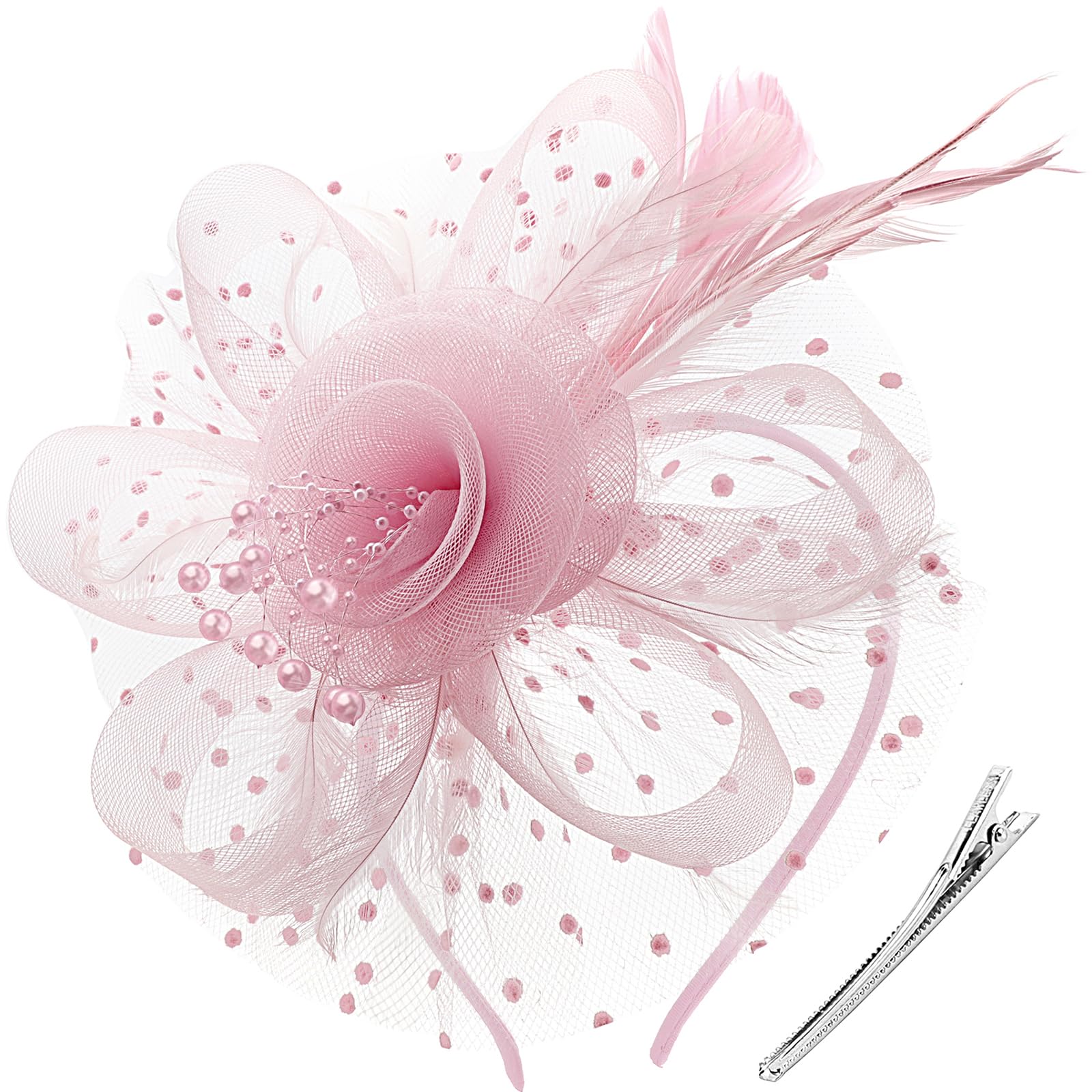 DRESHOW Fascinators Hat Flower Mesh Ribbons Feathers on a Headband and a Clip Tea Party Headwear for Girls and Women