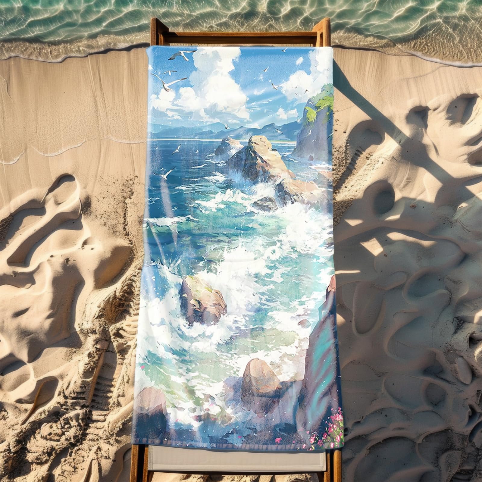 Tapis de Plage XXL Anti Sable Plage Seagull Bleu Serviette Piscine Adulte,Natte De Plage Pliable, Voyage Accessoires De Plage Camping,Serviette de Bain Personnalisée