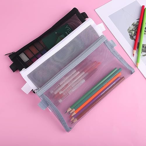 Miniatura 7 de THINP Estuche para lápices de 3 piezas, bolsas de maquillaje transparentes, bolsa de malla de nailon para bolígrafos con cremallera, bolsa de