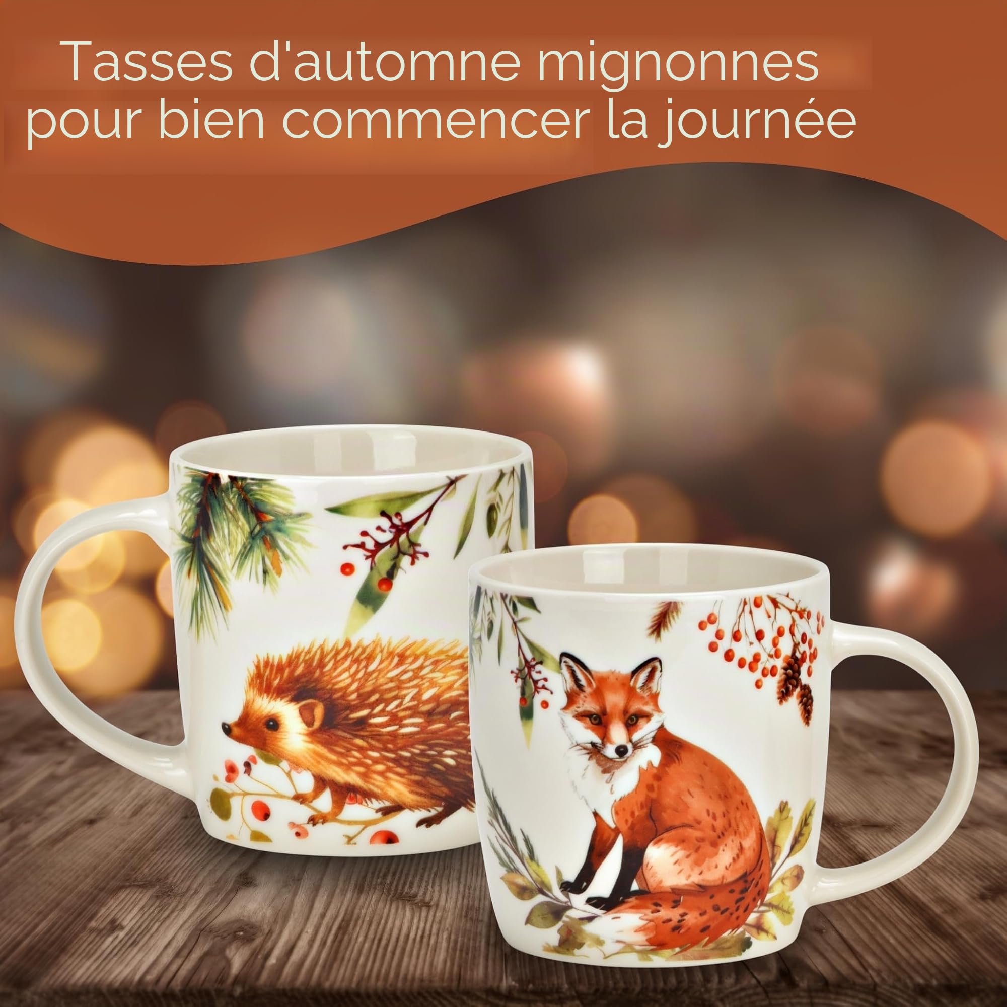 Lot de 6 tasses à thé d'automne, renard et hérisson, 350 ml, en porcelaine, passent au lave-vaisselle et au micro-ondes