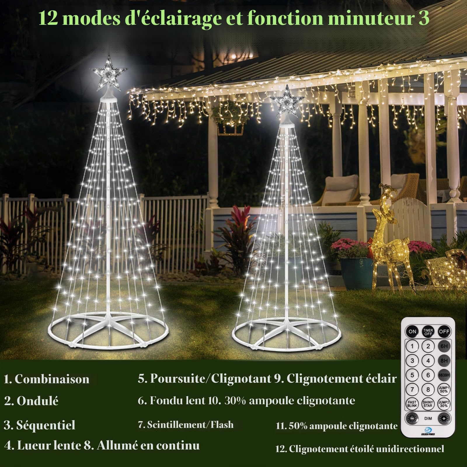 HELESIN Arbre de Noël en Forme de Cône en Métal, 154 LED 12 Modes, Minuterie Guirlande Lumineuse D'extérieur, LED Éclairage de Sapin Décoration de Noël pour Cour, Salon Jardin (Blanc avec Support)