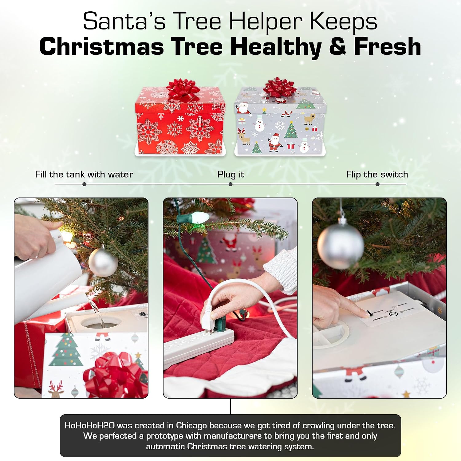 Automatic Christmas Tree Watering System Device, Santa’s Tree Helper Keeps Your Christmas Tree Healthy and Fresh, Refillable 2.5 gallons Capacity Box - Silver/Festive image 4