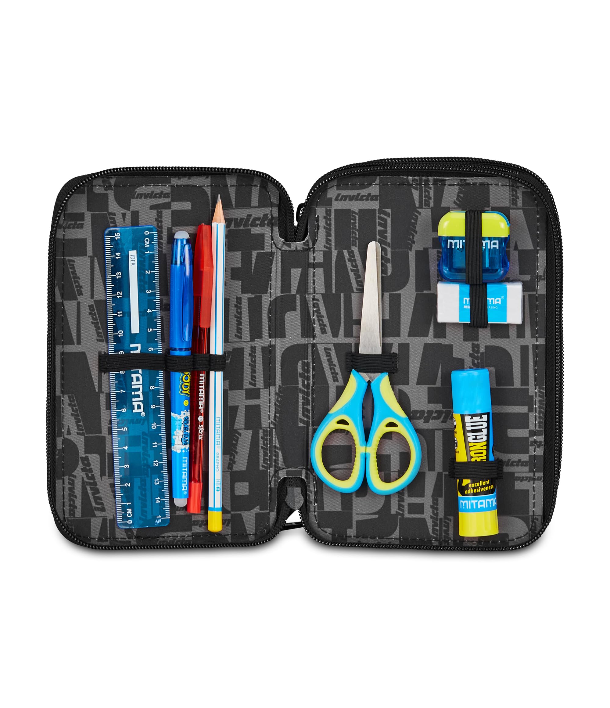 Invicta Schulmäppchen mit 3 Reißverschlüssen, Fantasy, schwarz, Stiftehalter, Dreifachfach, komplett mit Stiften, Bleistiften, Farben, Zubehör Rucksack, Grundschule, Kinder, Schwarz, Modern