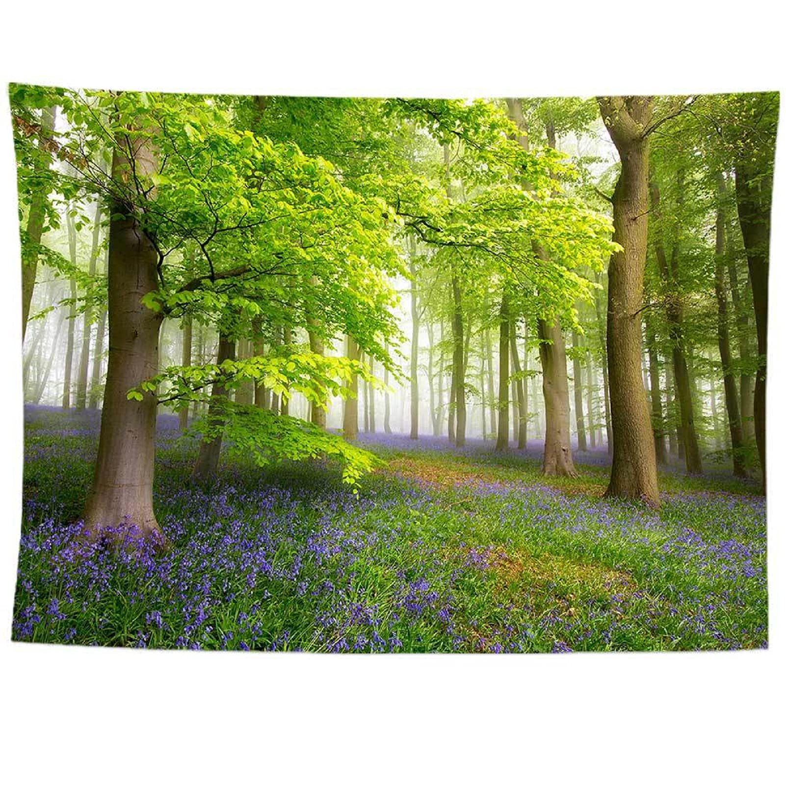 izielad Green Forest Fog Mist Purple Flowers Tree Natural Scenery Tapestry Fabric Wall Hanging Art for Dorm Bedroom 100X150CM 39.3X59IN