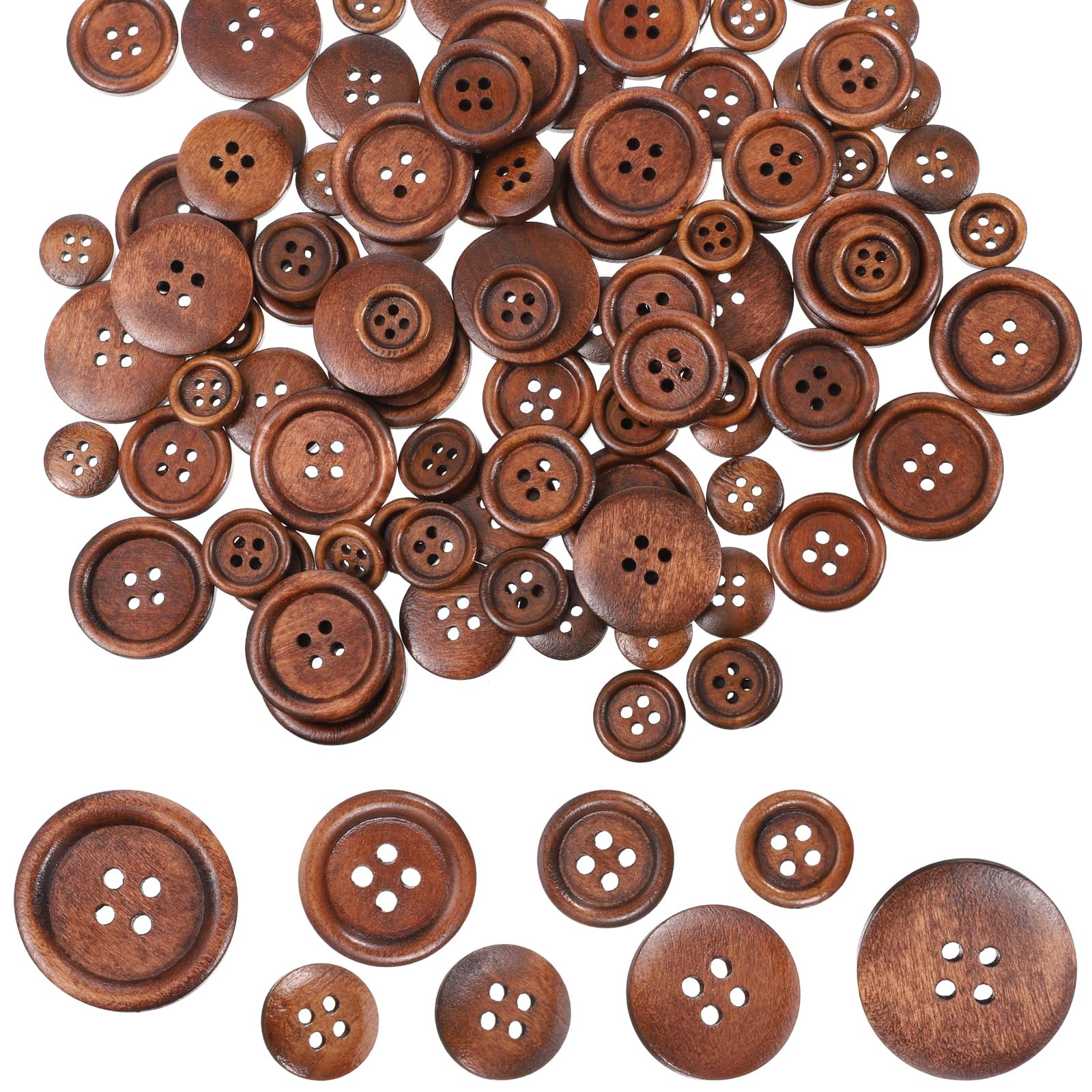 Photo 1 of 100 Pcs Wooden Buttons 4 Hole Round Buttons Bulk Brown Wooden Sewing Replacement Button Wood Sewing Button 1/2 Inch to 1 Inch (4 Size) for DIY Crafts Sewings Project