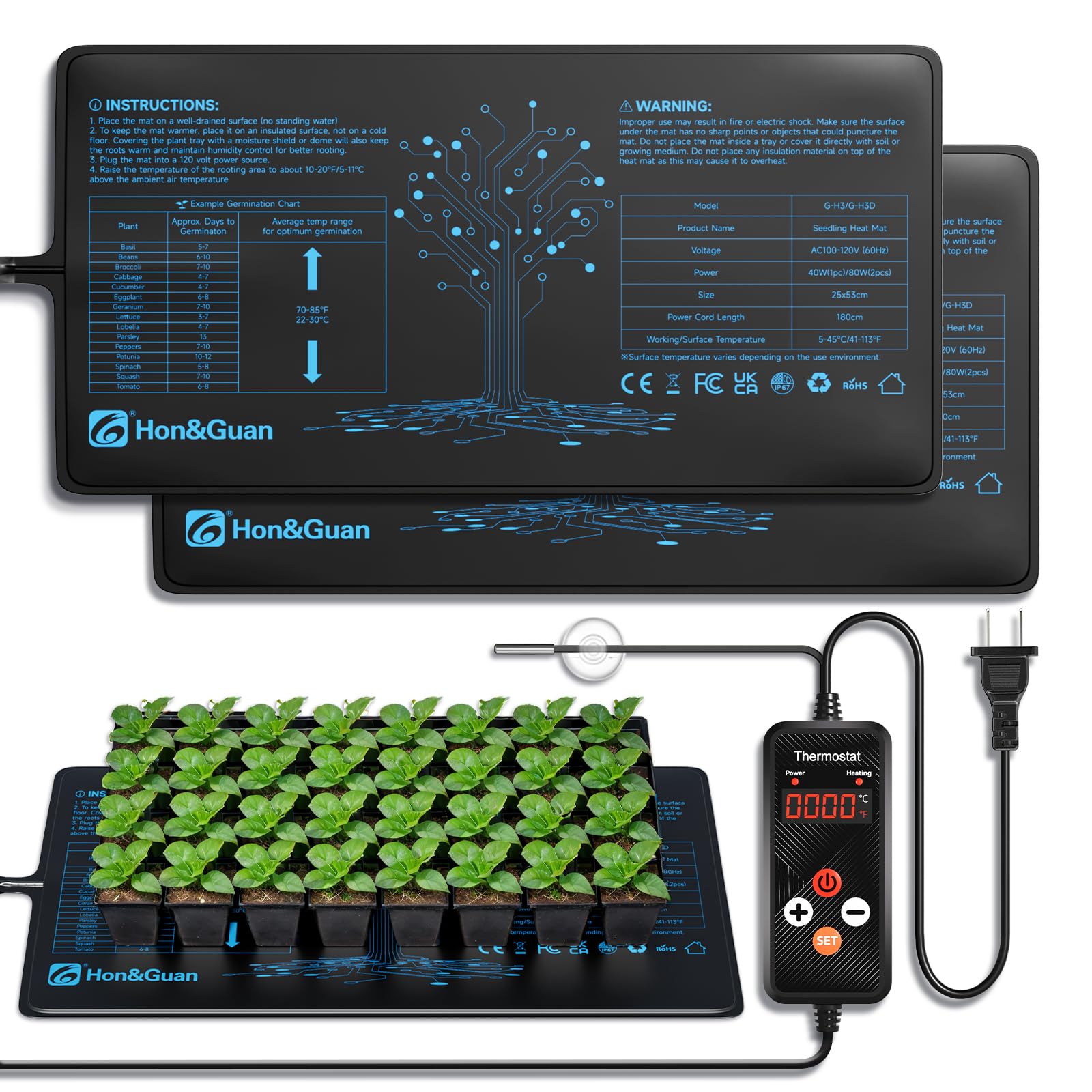 Hon&Guan 2 Packs 10"x 20.75" Seedling Heat Mat with Digital Thermostat Combo Set,Waterproof Plant Heating Pad for Germination,Indoor Gardening,Greenhouse