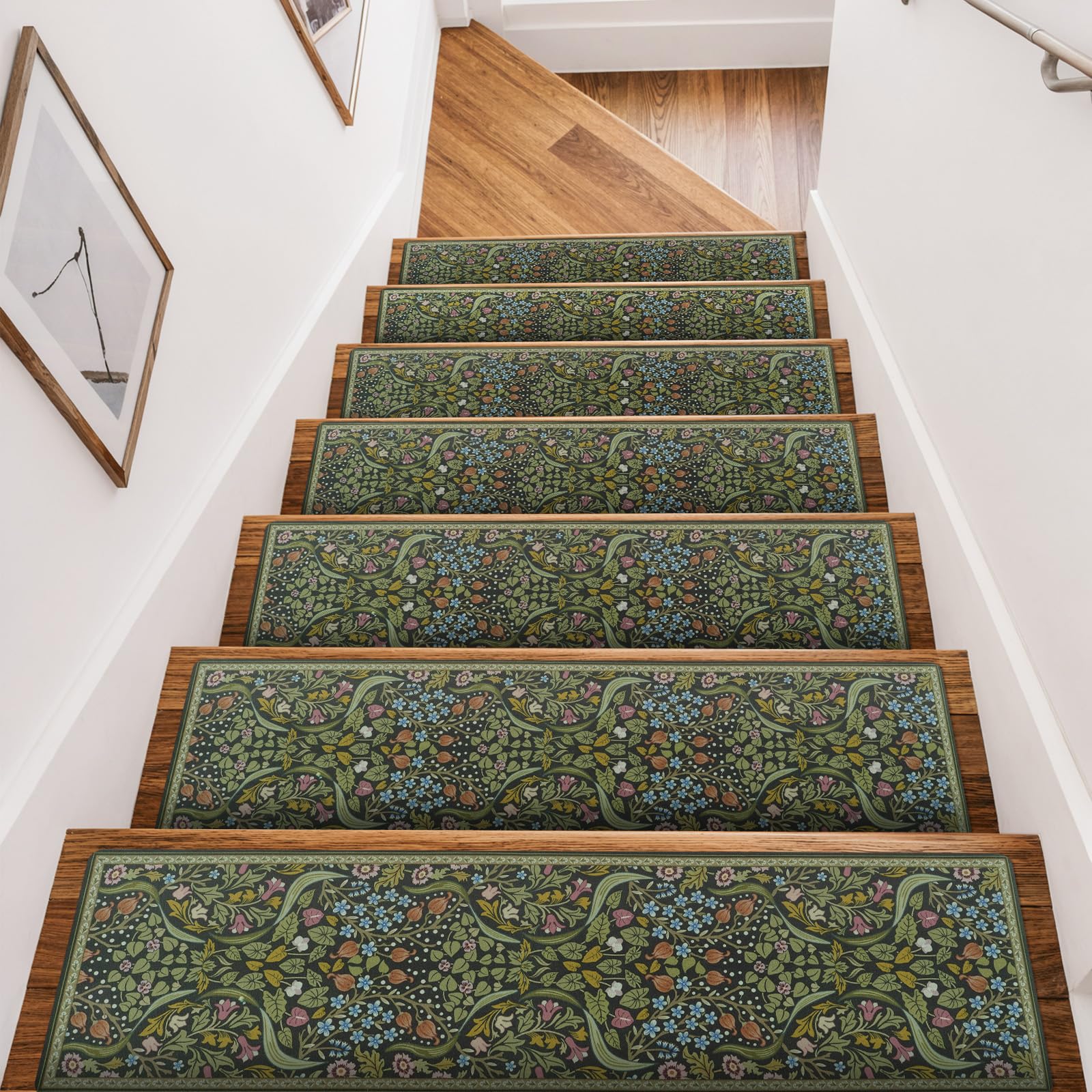 OJIA Floral Stair Treads Non-Slip Stair Runner for Wooden Steps Indoor 15PCS 30"x8" Carpet Stair Treads Stair Mats Staircase Step Treads for Kids, Elders and Dogs, Stair Covers, Green