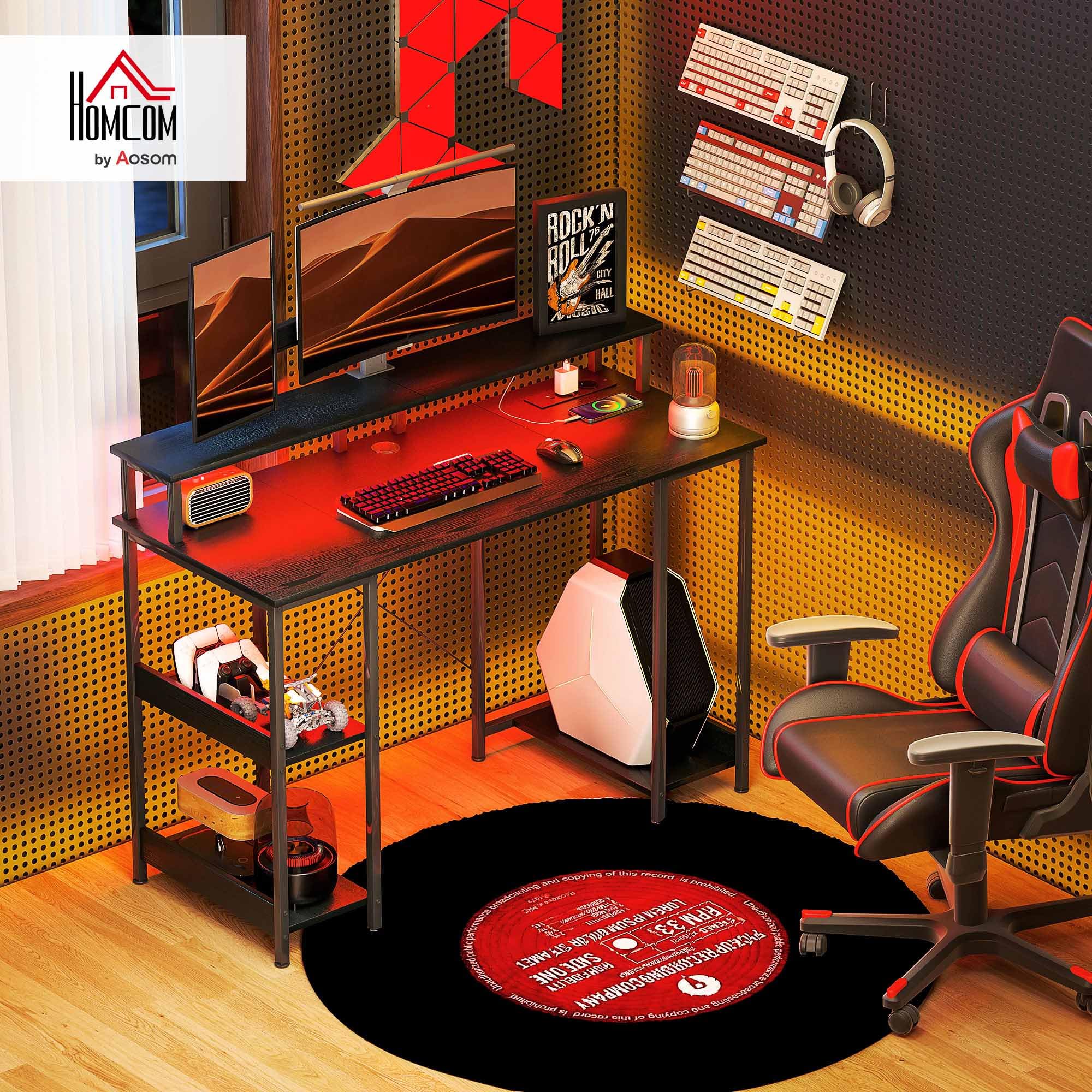 HOMCOM Scrivania per Computer Reversibile Ripiani, 120x50 cm Scrivania da Ufficio con Prese Elettriche e Luci LED, Tavolo Porta PC da Studio con Doppio Supporto per Monitor, Nero