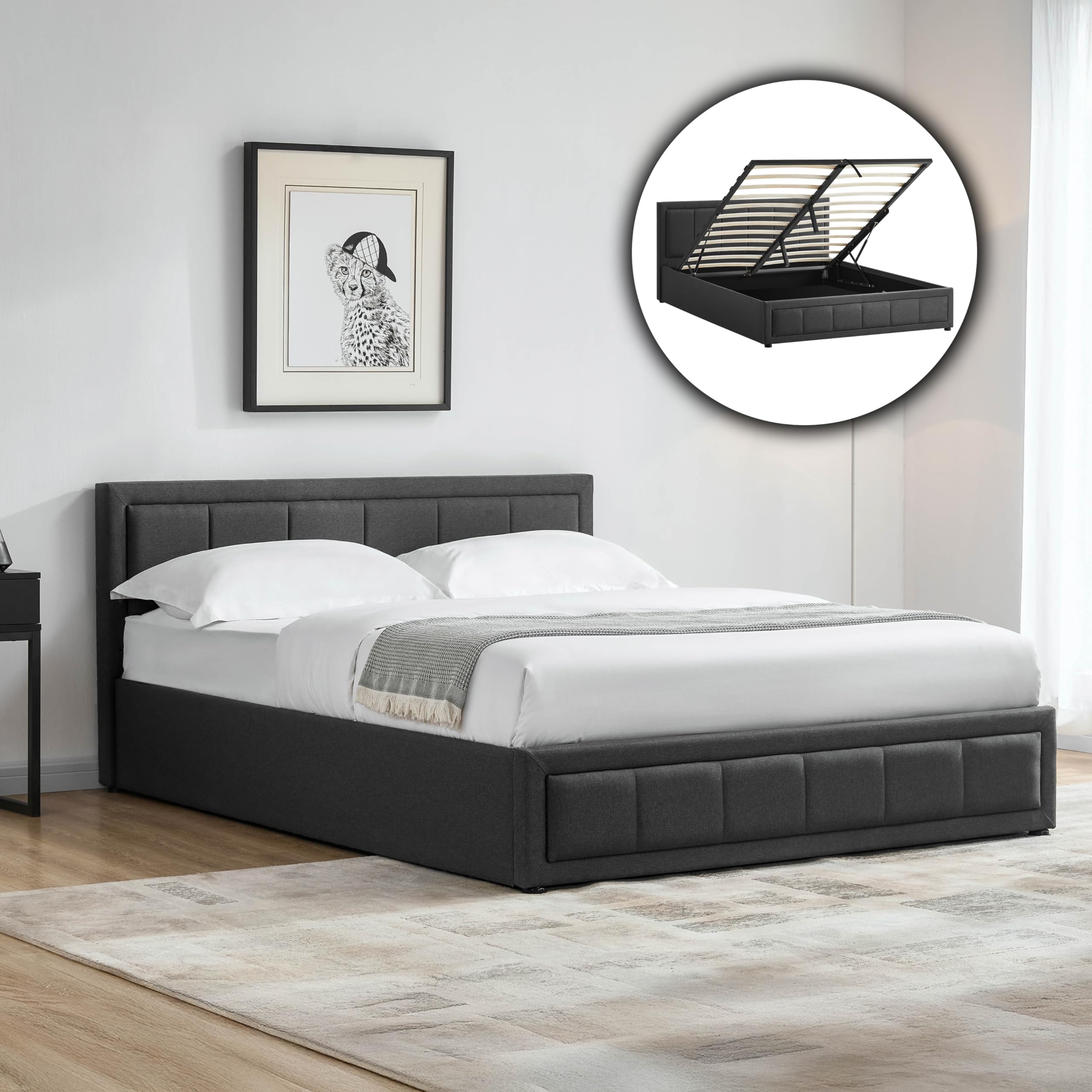 Vida Designs Vanita King Fabric Bed Frame – Dark Grey – Modern Upholstered Design – 85H x 161W x 216D cm – Panel Headboard – UKFR Certified — image 1