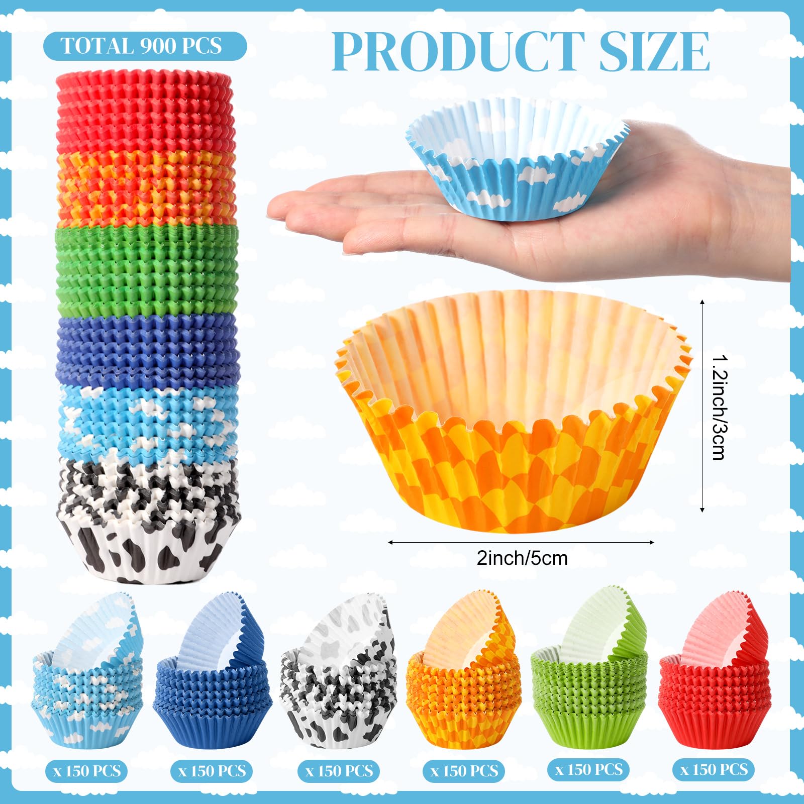 Vesici 900 Counts Toy Inspired Game Cupcake Liner Cartoon Story Paper Cupcake Wrappers Holders Cow Blue Cloud Yellow Red Green Muffin Disposable Cup Bulk for Birthday Baby Shower Baking Party Supplies