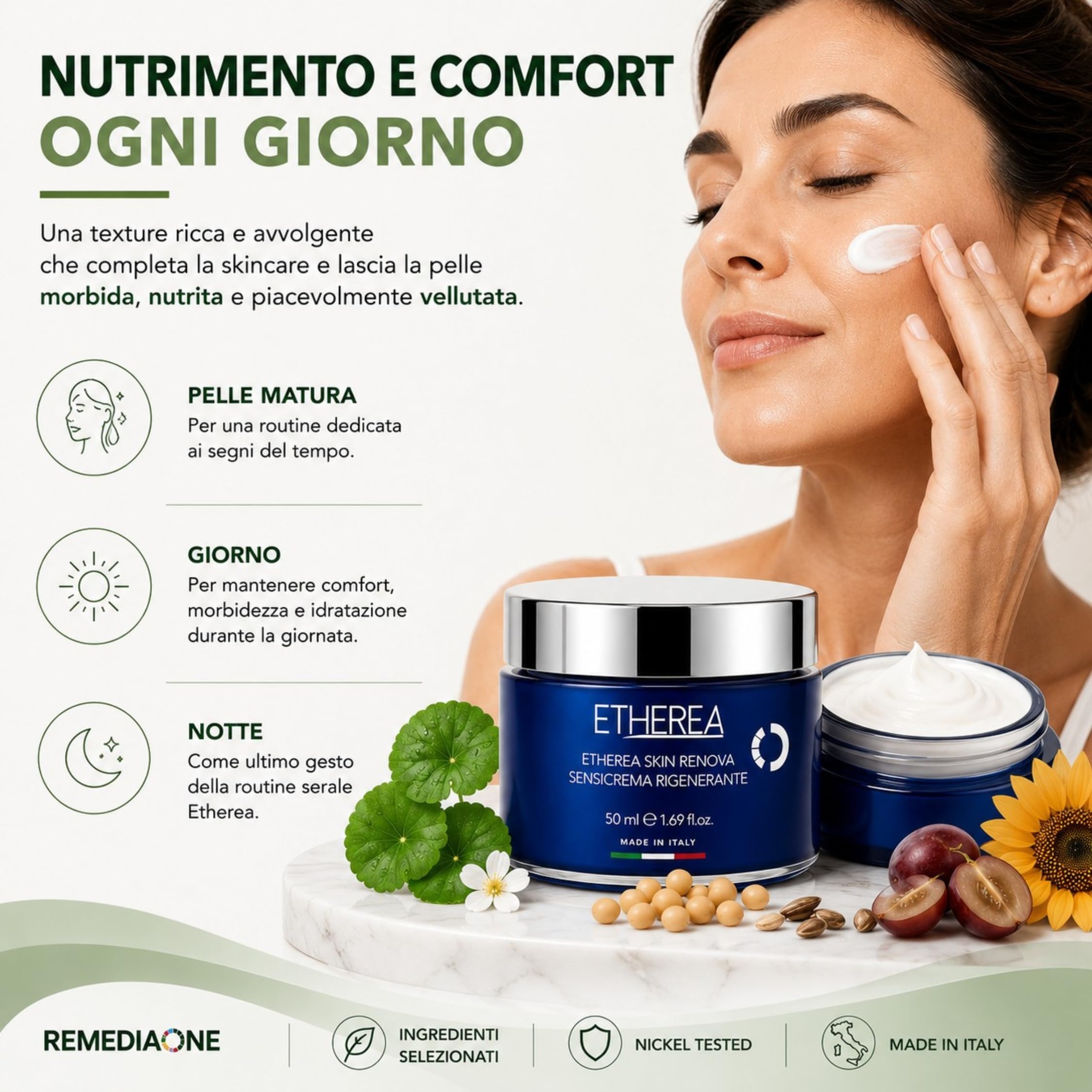 REMEDIA ONE Etherea Crema Viso Antirughe Rigenerante con Peptidi, 50 ml