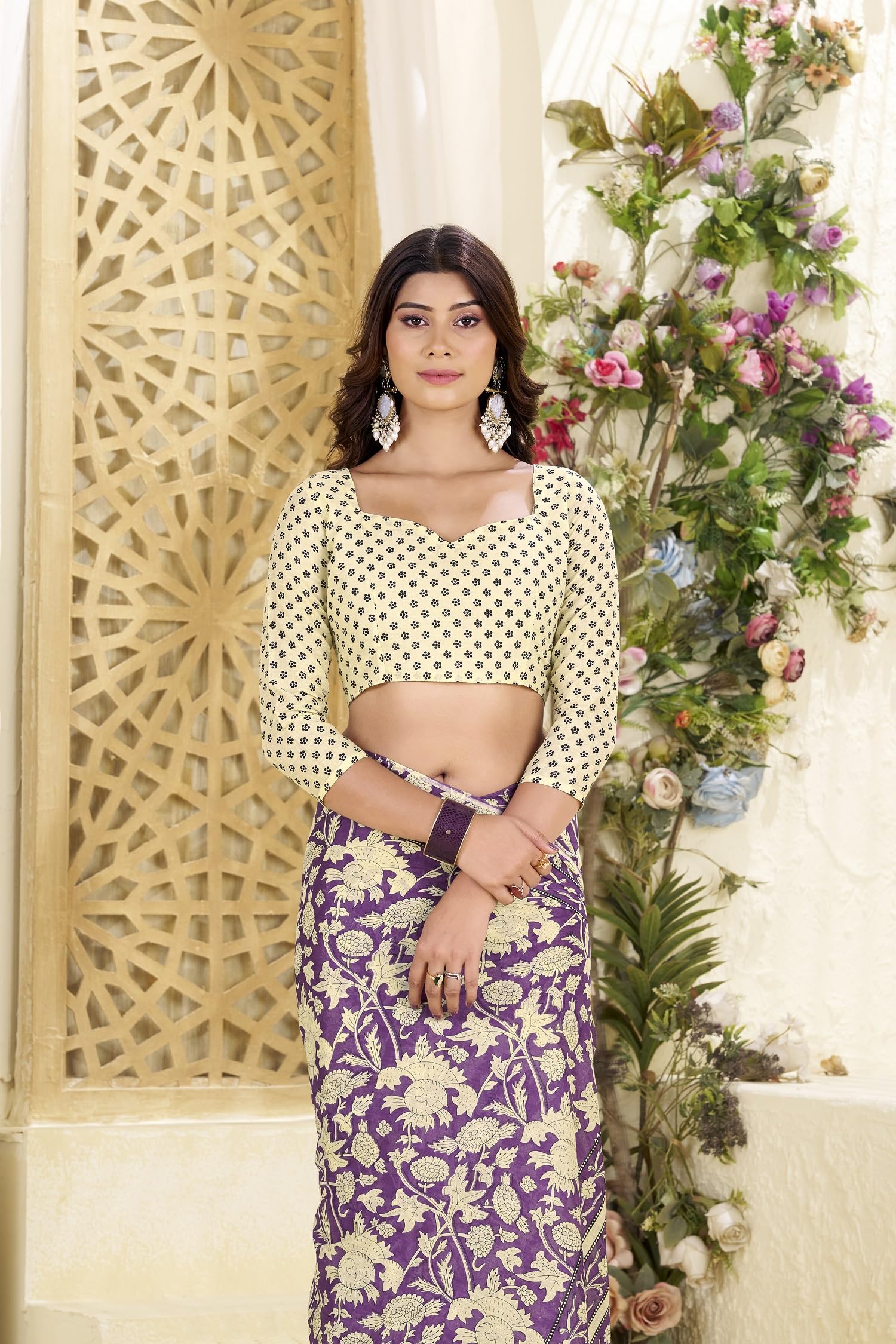 Kalaanj Sari für Damen || Bedruckter Baumwoll-Sari mit Bluse (KALSS25SAR-2101-2104)