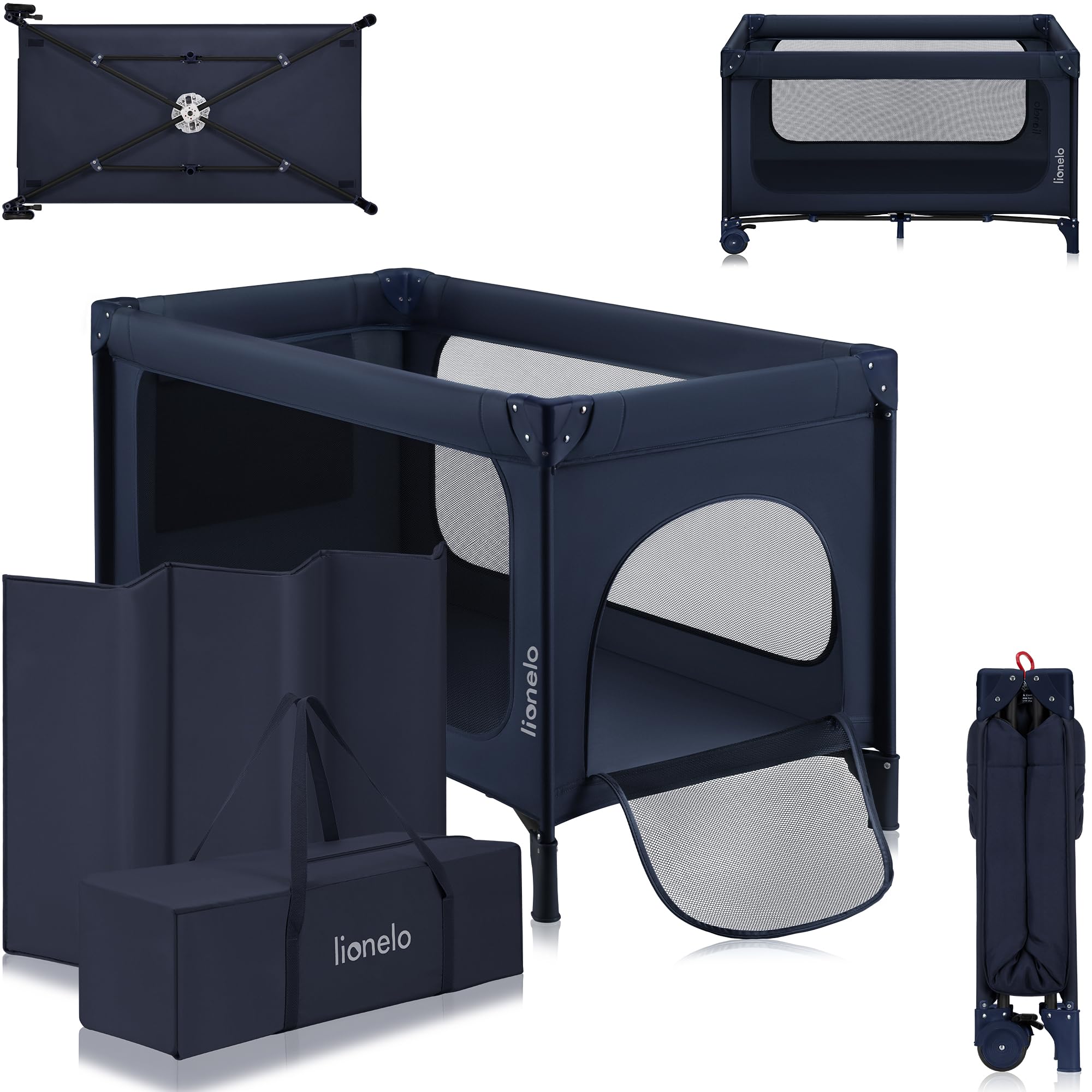 lionelo Jasmin Easy FoldCuna de Viaje para Niños de hasta 15 kg de 0 a 36 Meses Colchón de Espuma T25, 2 Niveles de Altura, Easy Fold, Entrada Lateral, Ruedas (Blue Navy) | Para Niños de hasta 15 kg de 0 a 36 meses Colchón de Espuma T25, Entrada Lateral, Ruedas