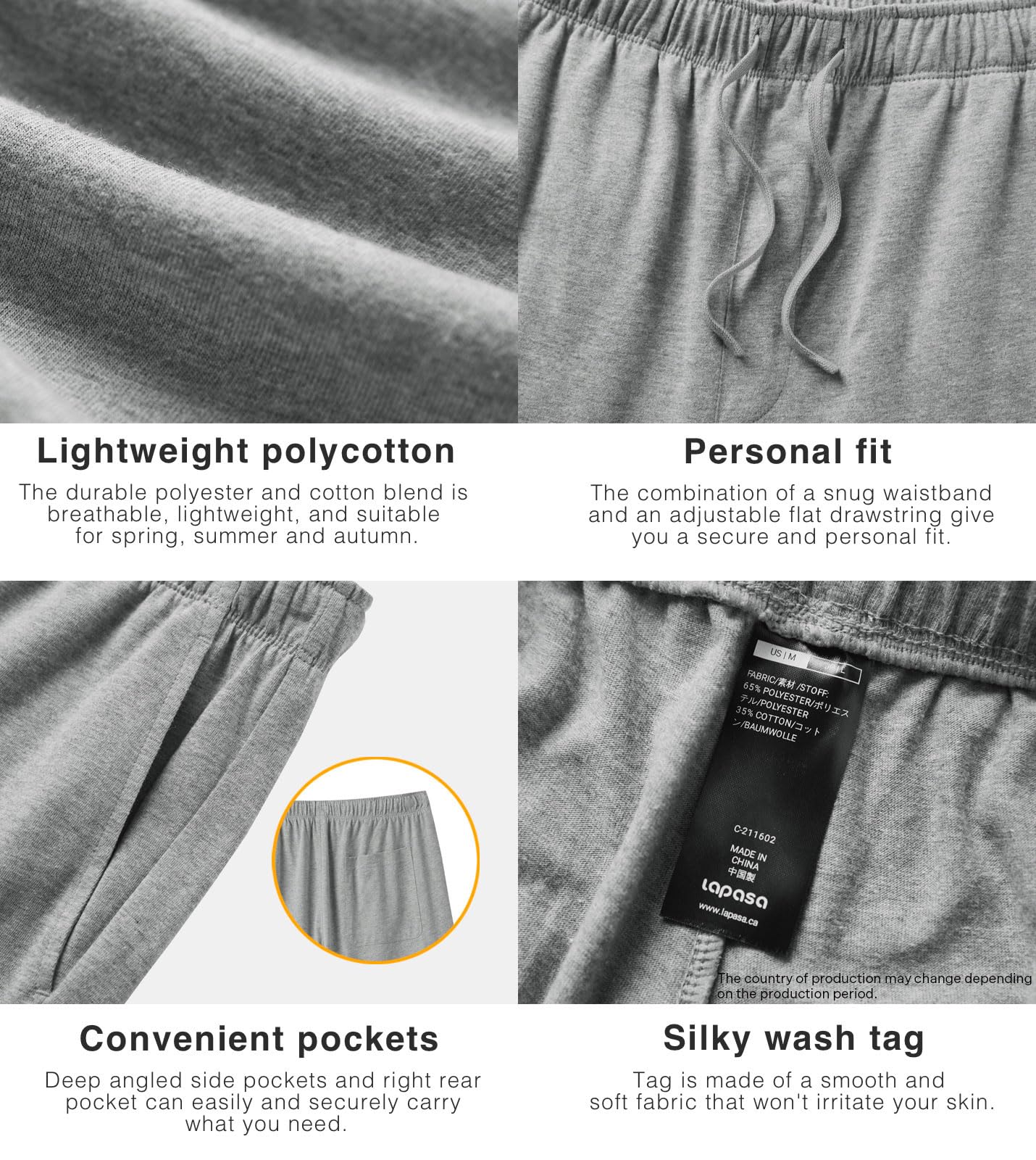 LAPASA Lot de 2 Shorts de Pyjama Homme en Polycoton Court Short de Détente & d'Intérieur Maison Pyjacourt Uni avec Poches M93