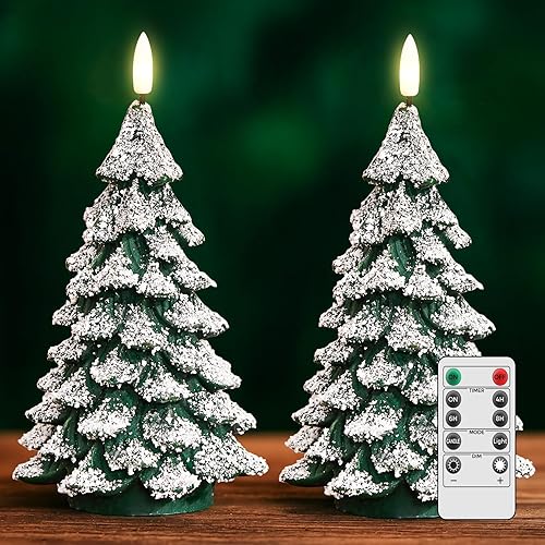 Velas de árbol de Navidad cubiertas de nieve con control remoto, 2 velas LED cerosas sin llama parpadeantes, velas eléctricas verdes que funcionan