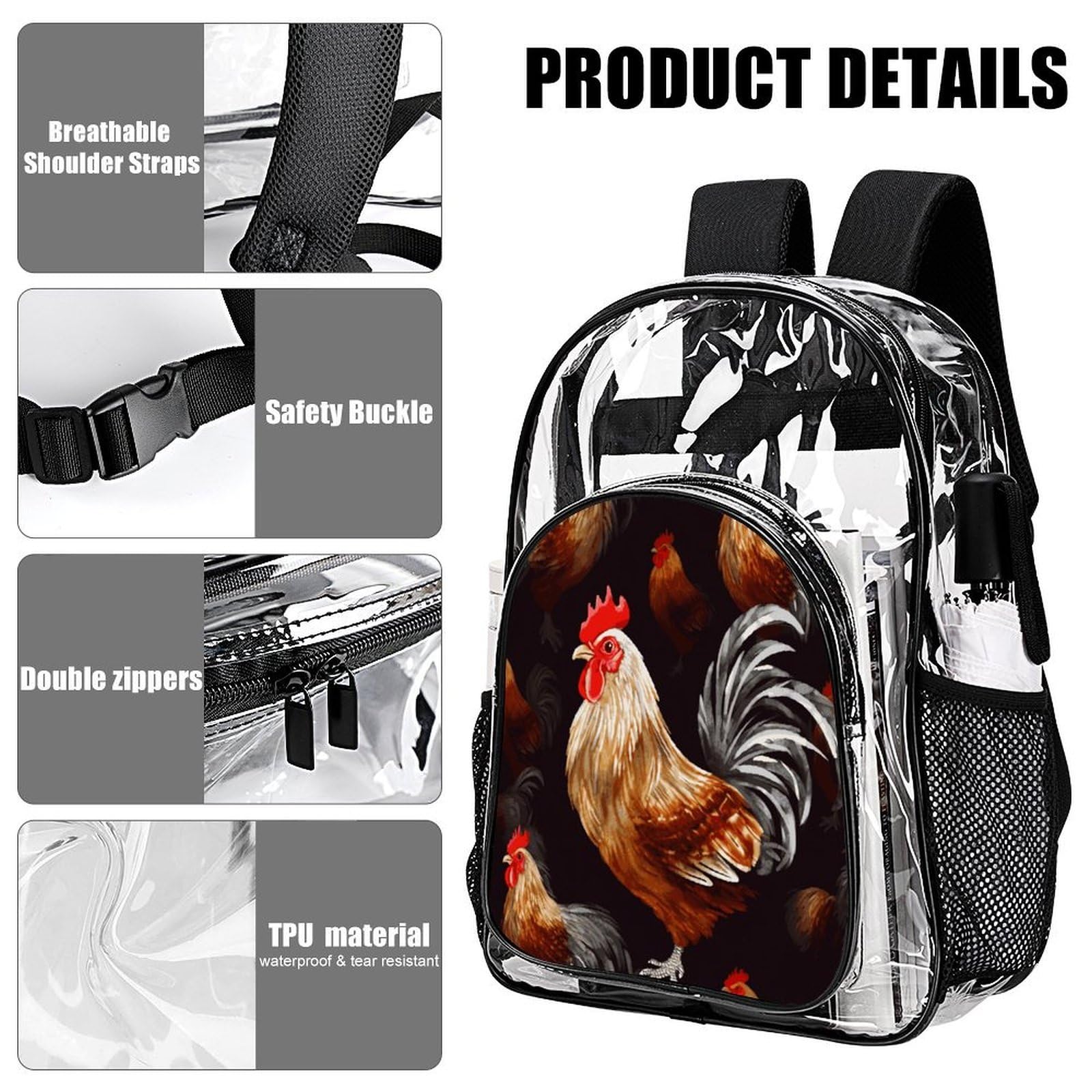 Shine Rooster transparenter Rucksack, groß, transparent, PVC, Büchertasche für Sicherheit, Arbeit, Reisen, Stadion