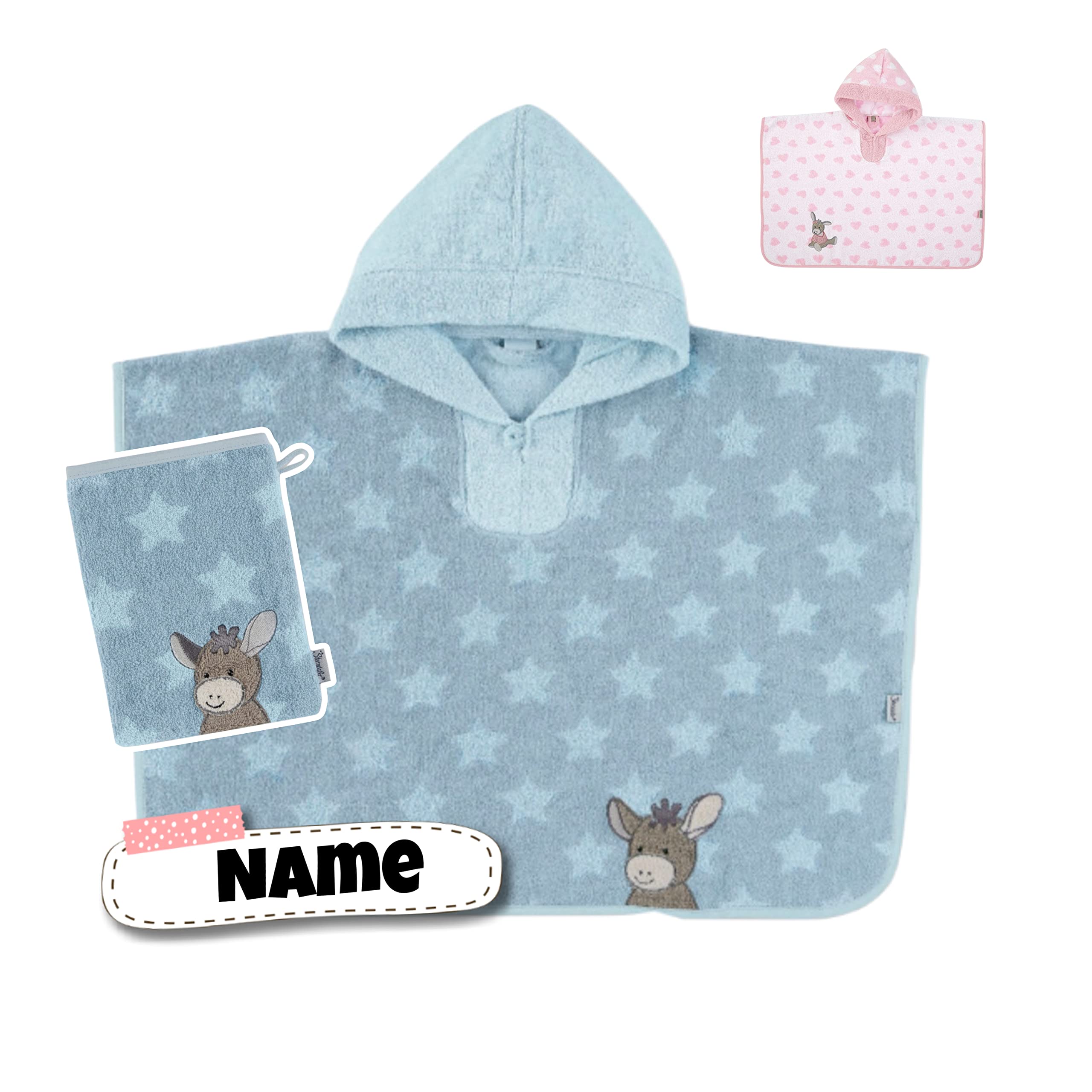 STERNTALER Poncho Kinder + Waschlappen mit Name Bestickt mit Name personalisiert | Kapuzenbadetuch Kinder | Kapuzenhandtuch | Badetuch mit Kapuze | bis 5 Jahre (EMI Stern blau)