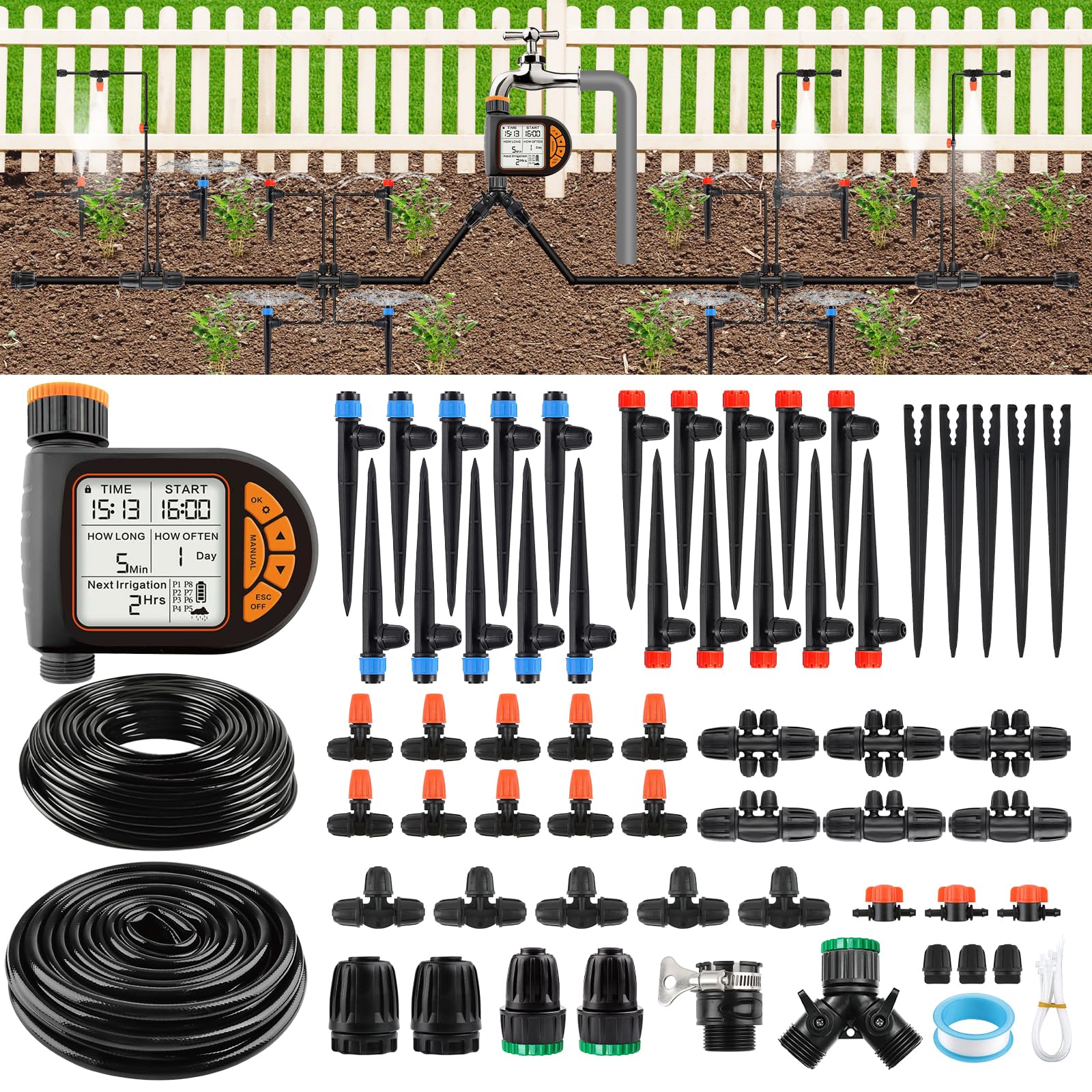 207 Feet Automatic Drip Irrigation Kit with Water Timer, Kalolary 1/4" 1/2" Adjustable Garden Watering System with 4/7mm 16mm Tubing Micro Drip Automatic Irrigation System for Greenhouse Lawn Yard