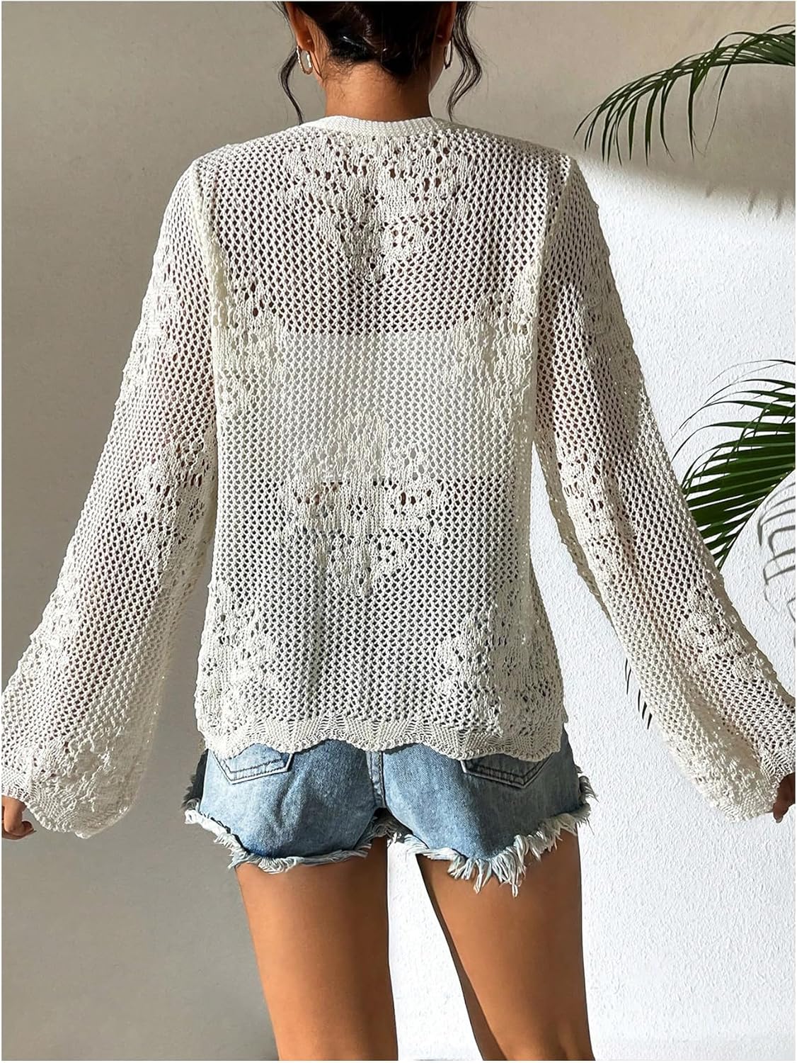 Floerns Women's Tie Front Crochet Lightweight Long Sleeve Cardigan Sweaters Boho Beach Hollow Out Lace Cover Up - Image 2