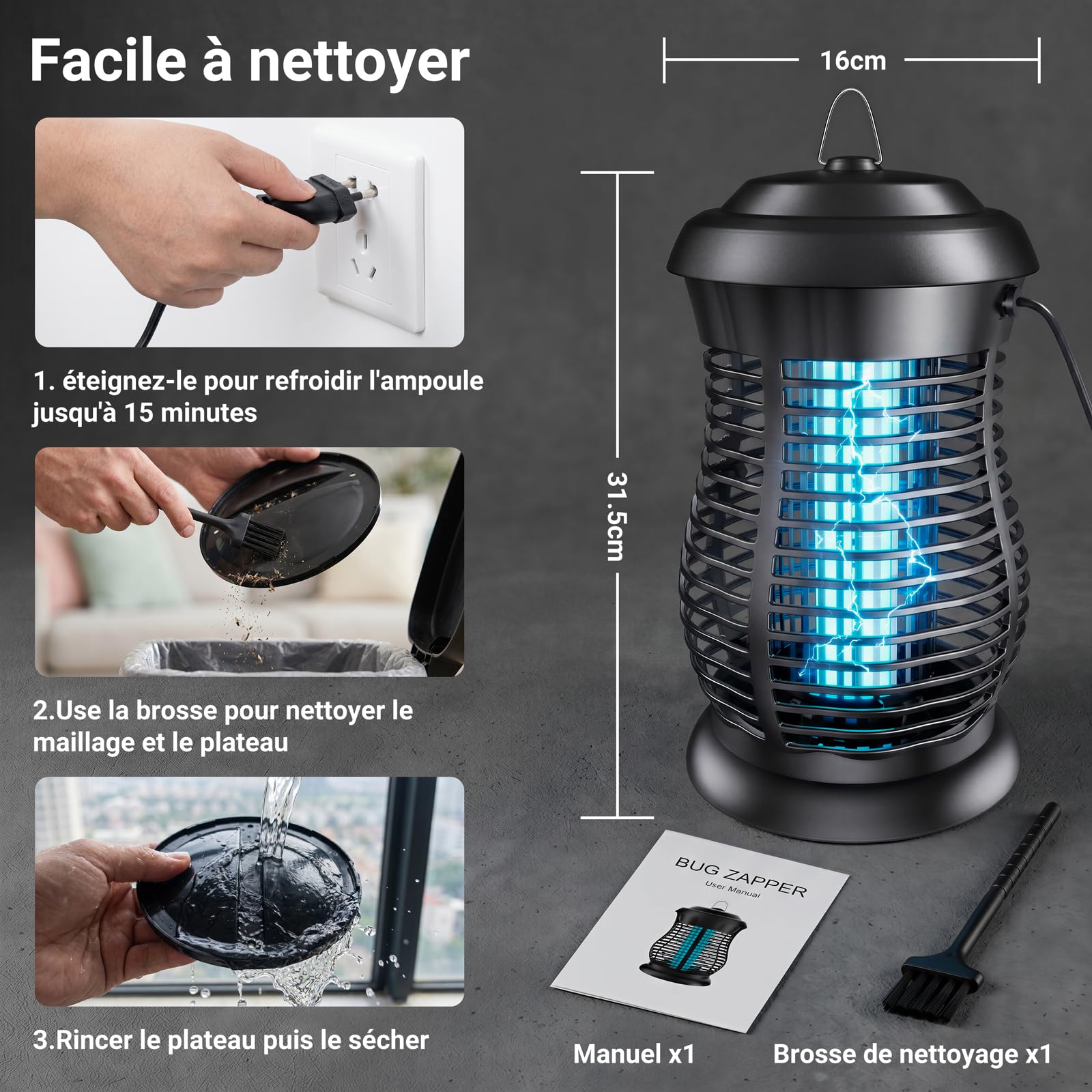 Lampe Anti Moustique Electrique, Tueur d'Insectes Électrique 4200V 20W UV,Appareil Anti Moustique à Lumière Bleue, Anti Insectes Répulsif Étanche IPX6 Efficace Portée 100m² pour Intérieur et Extérieur