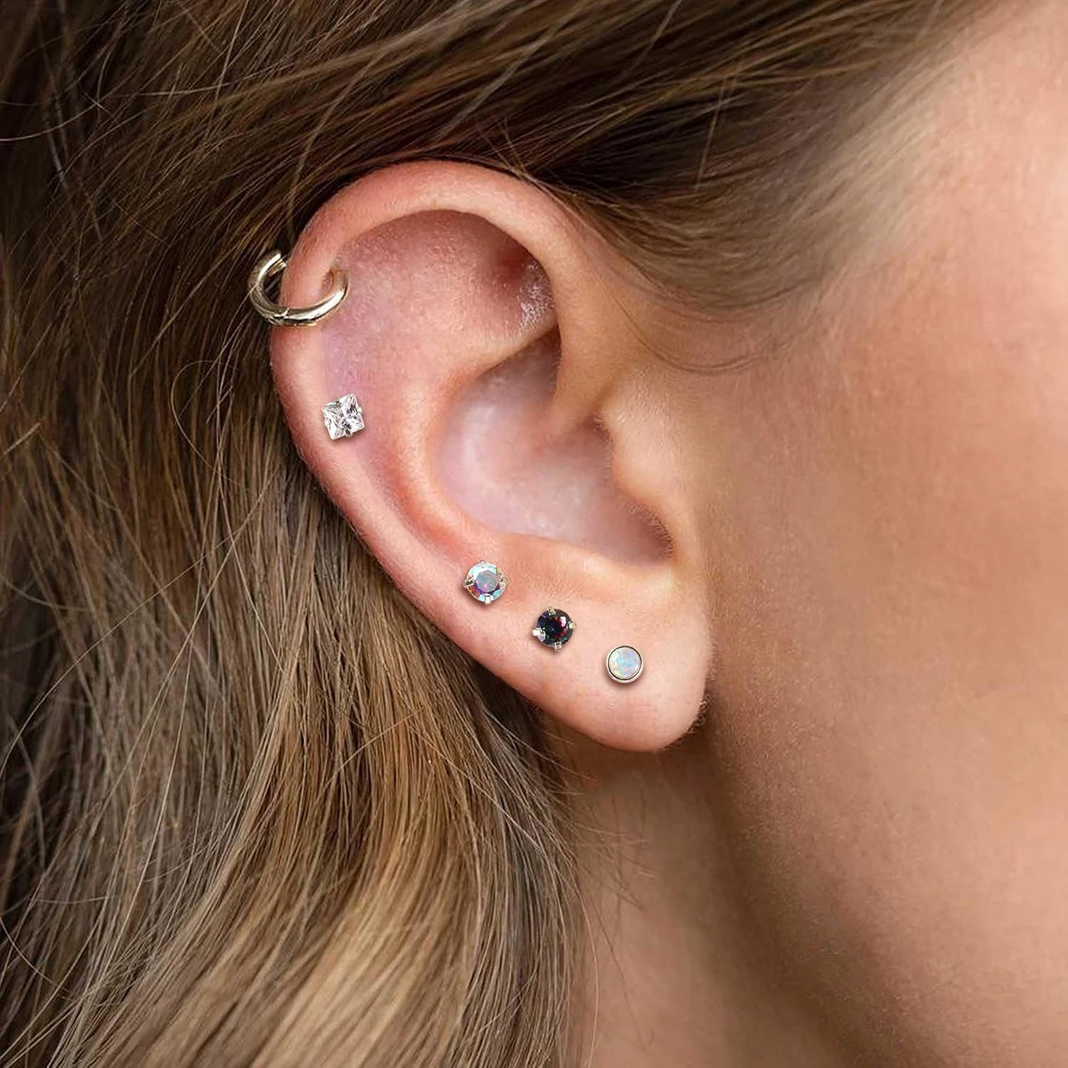 Jstyle Surgical Steel Earrings for Women Men Hypoallergenic Stud Earrings for Sensitive Ears Flat Back Earrings Stud 20G Stainless Steel Cartilage Earring Opal CZ Small Flatback Stud Earrings Women - Image 7