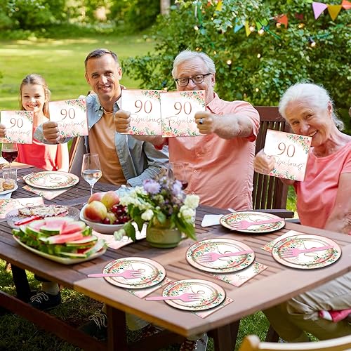Miniatura 412 de 96 piezas de suministros de fiesta de cumpleaños florales de cumpleaños, platos de papel, servilletas, flores de oro rosa, decoraciones de fiesta