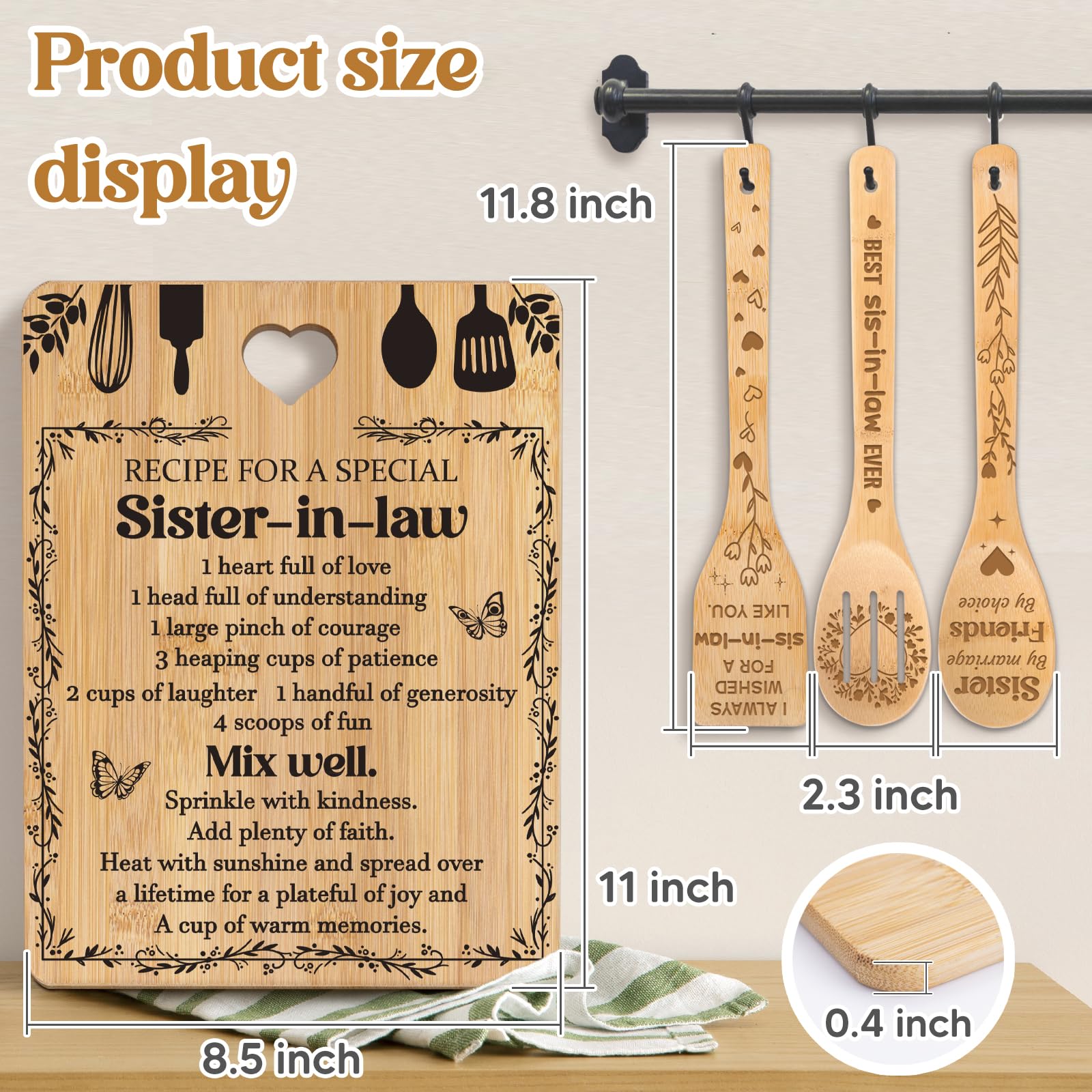 Gifts for Sister in Law - "Recipe for a Special Sister-in-Law", Sister in Law Birthday Gifts Engraved Bamboo-Made Cutting Board Set, Mothers Day Gifts for Sister in Law.