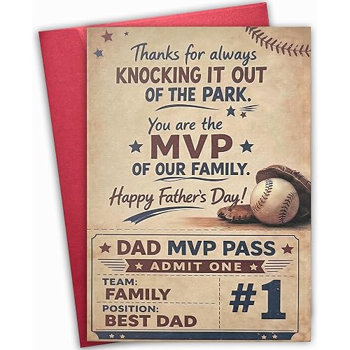 Father's Day Card for Baseball Lovers, Funny Baseball Dad Card from Kids, MVP Admit One Ticket Design, Unique Father's Day Dad Gift