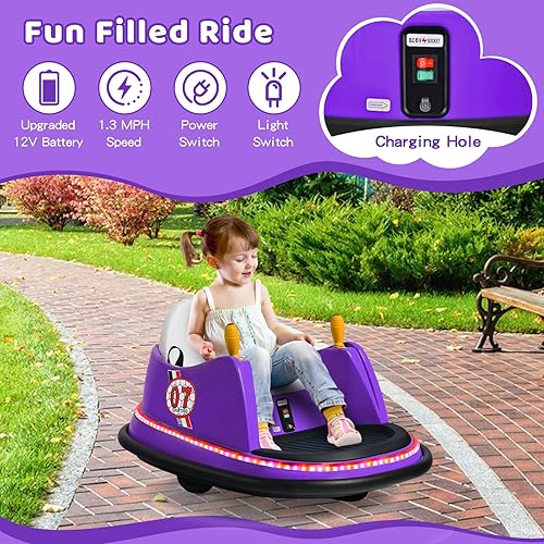Miniatura 8 de HONEY JOY Coche de parachoques para niños pequeños de 12 V, funciona con batería, joysticks duales, luz LED intermitente y giro de 360 grados,