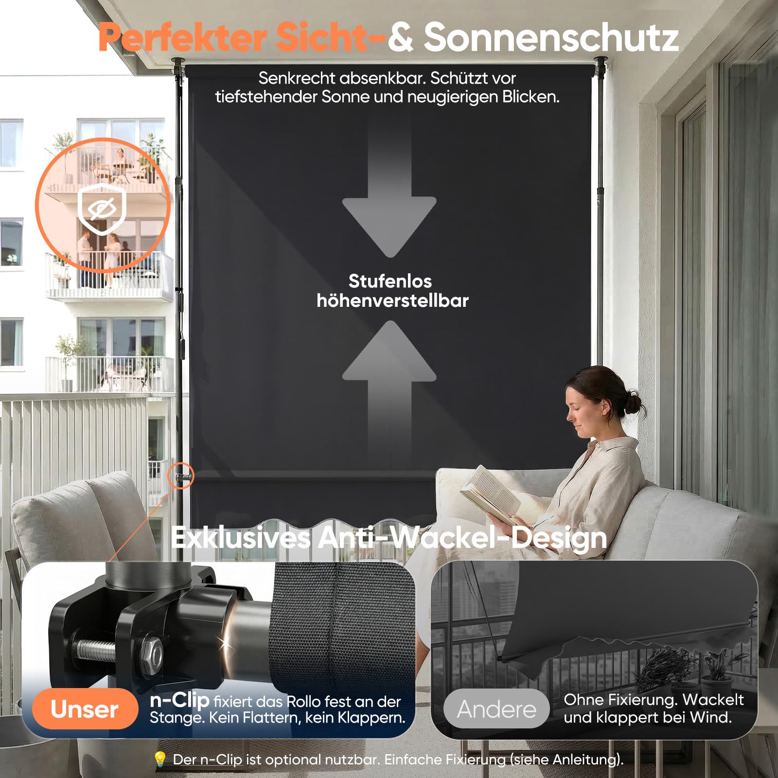 Sekey Klemmmarkise 300 cm breit, Markise Balkon ohne Bohren mit Handkurbel, 130 cm Ausfall, 0-90° neigbar, UV-beständiger Sonnenschutz & wasserdicht (280g/m²), für Balkon, Terrasse & Garten, Anthrazit