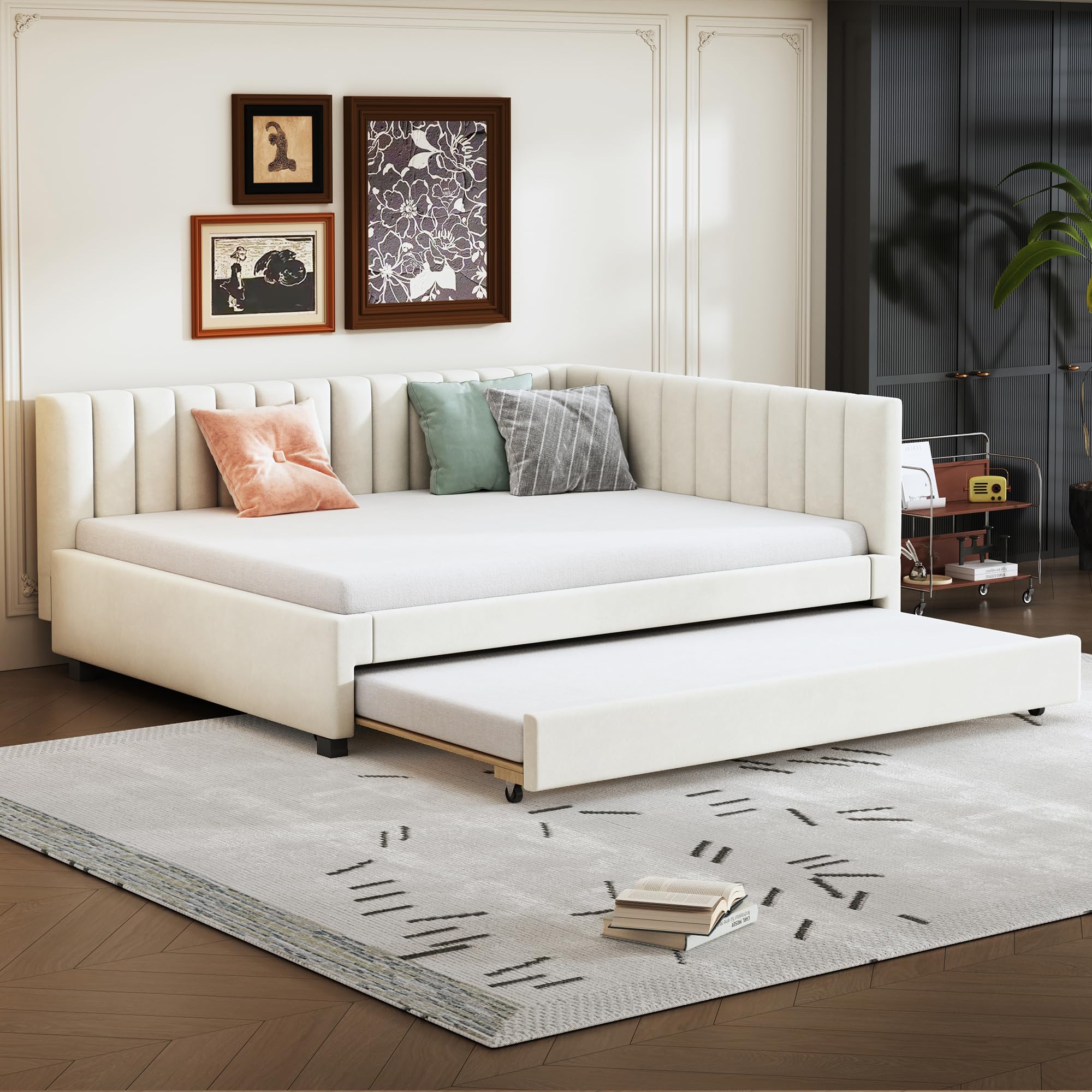 Letto imbottito 140x200 cm divano letti con letto estraibile matrimoniale per adulti bed multifunzionale con rete a doghe per gli ospiti letti a terra beige