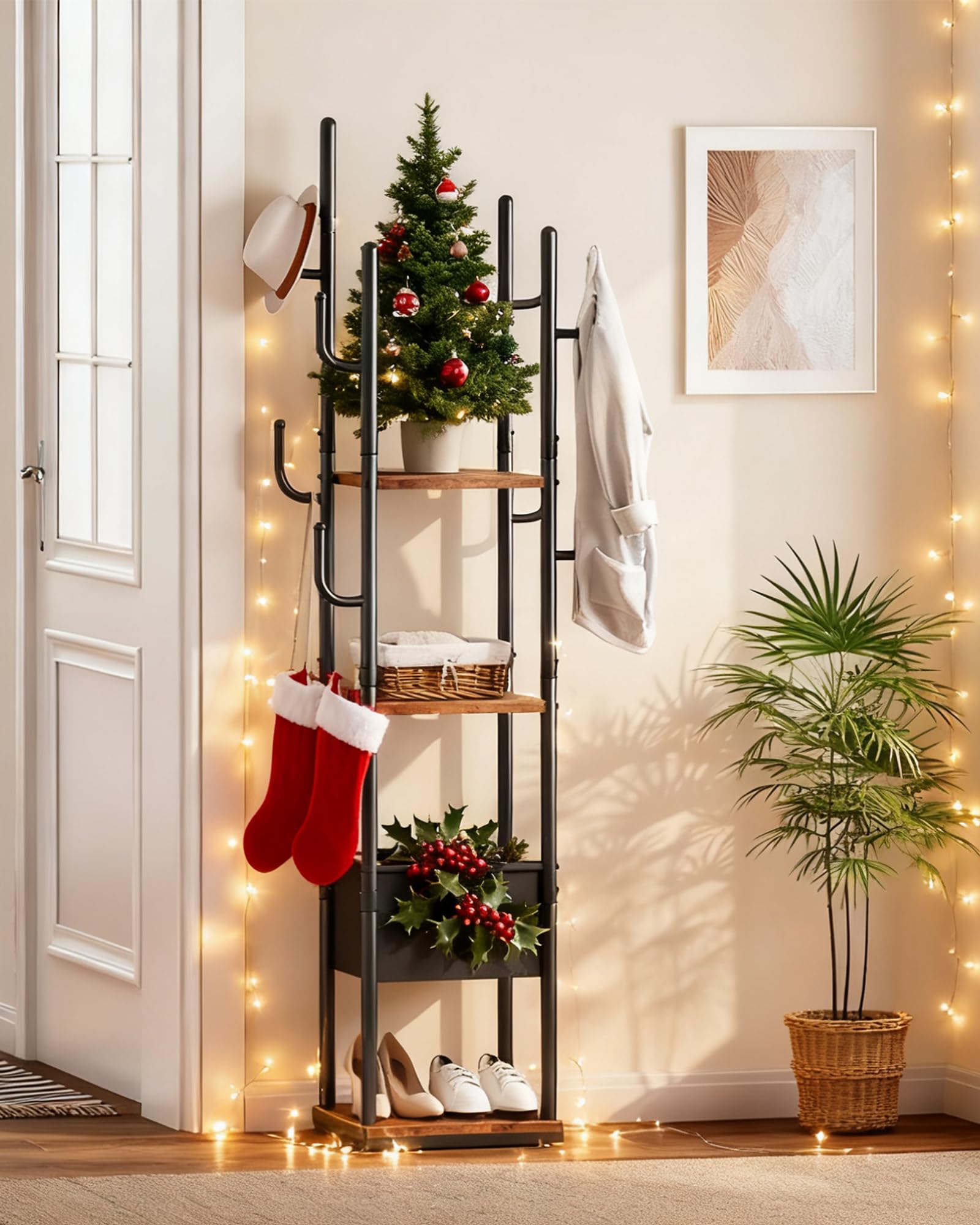 CHOEZON Kleiderständer, Garderobenständer mit Kleiderstange und Haken, Garderobe mit Ablagen, Vielseitiger Coat Rack, für Schuhe, Kleidung, Taschen, Hüte, Vintagebraun und Schwarz DTYM03BF