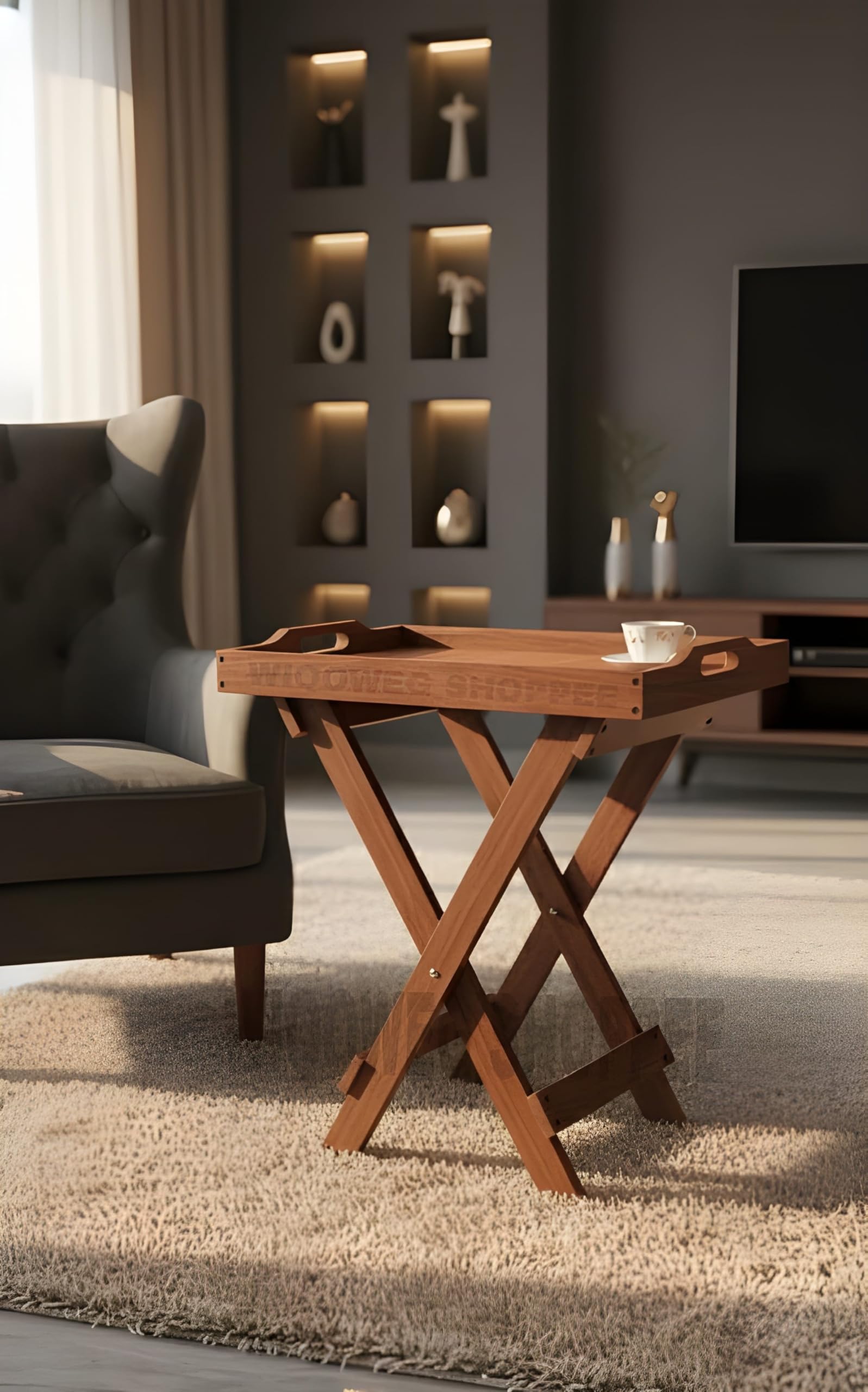 WIQOWEG Solid Sheesham Wood Home Folding End Table with Removable Tray Top, 22-Inch Tall (Brown)