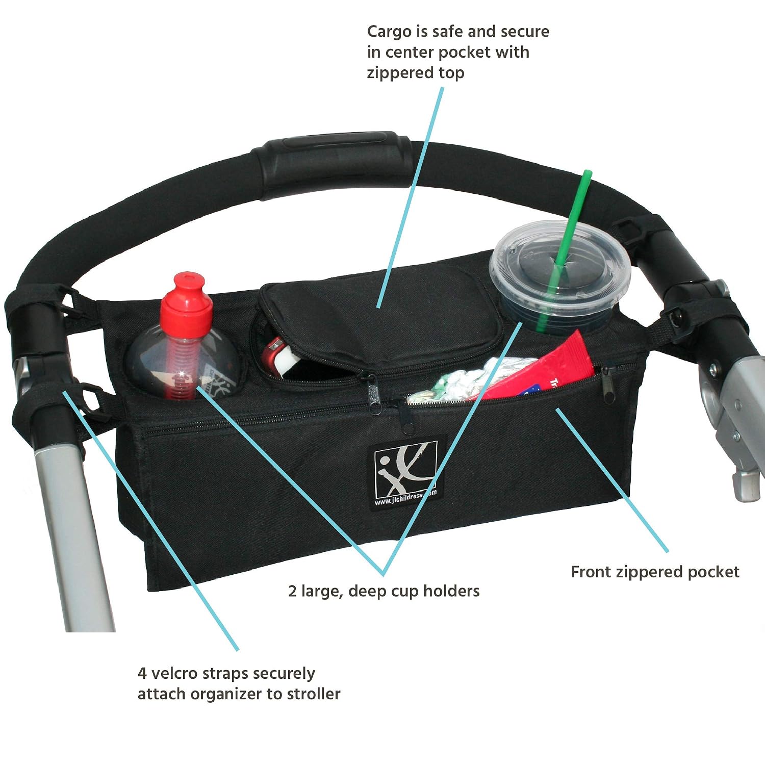 J.L. Childress Sip 'n Safe, Universal Stroller Organizer with Deep Cup Holders, Zippered Compartments and Secure Pockets, Easy Attach Straps, Black