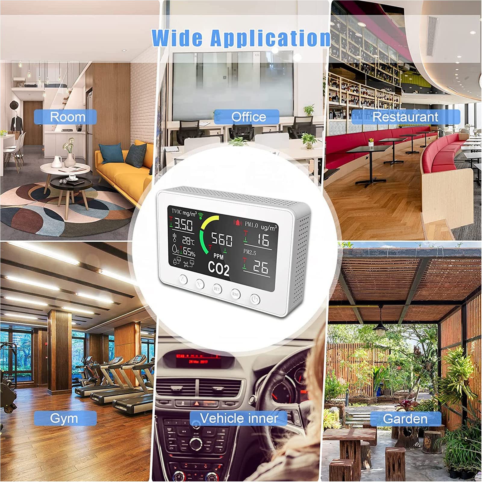 Socobeta Monitor Jakości Powietrza w Pomieszczeniu 7 w 1 z Dużym Ekranem LCD CO2 TVOC PM2.5 Detektor Temperatury i Wilgotności dla Domowej Kuchni Szklarnia Biurowa (Wtyczka UE)