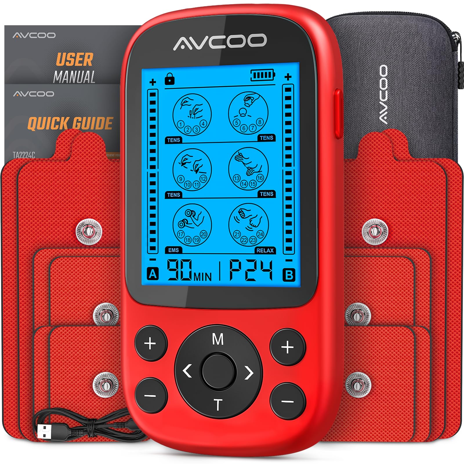 AVCOO 3-in-1 TENS Unit Muscle Stimulator, EMS Massager Machine with 24 Modes & 40 Levels for Shoulder, Back, Neck, Sciatica Pain Relief, Portable-Size Electronic Pulse Massager with 12 Pads, EVA Case