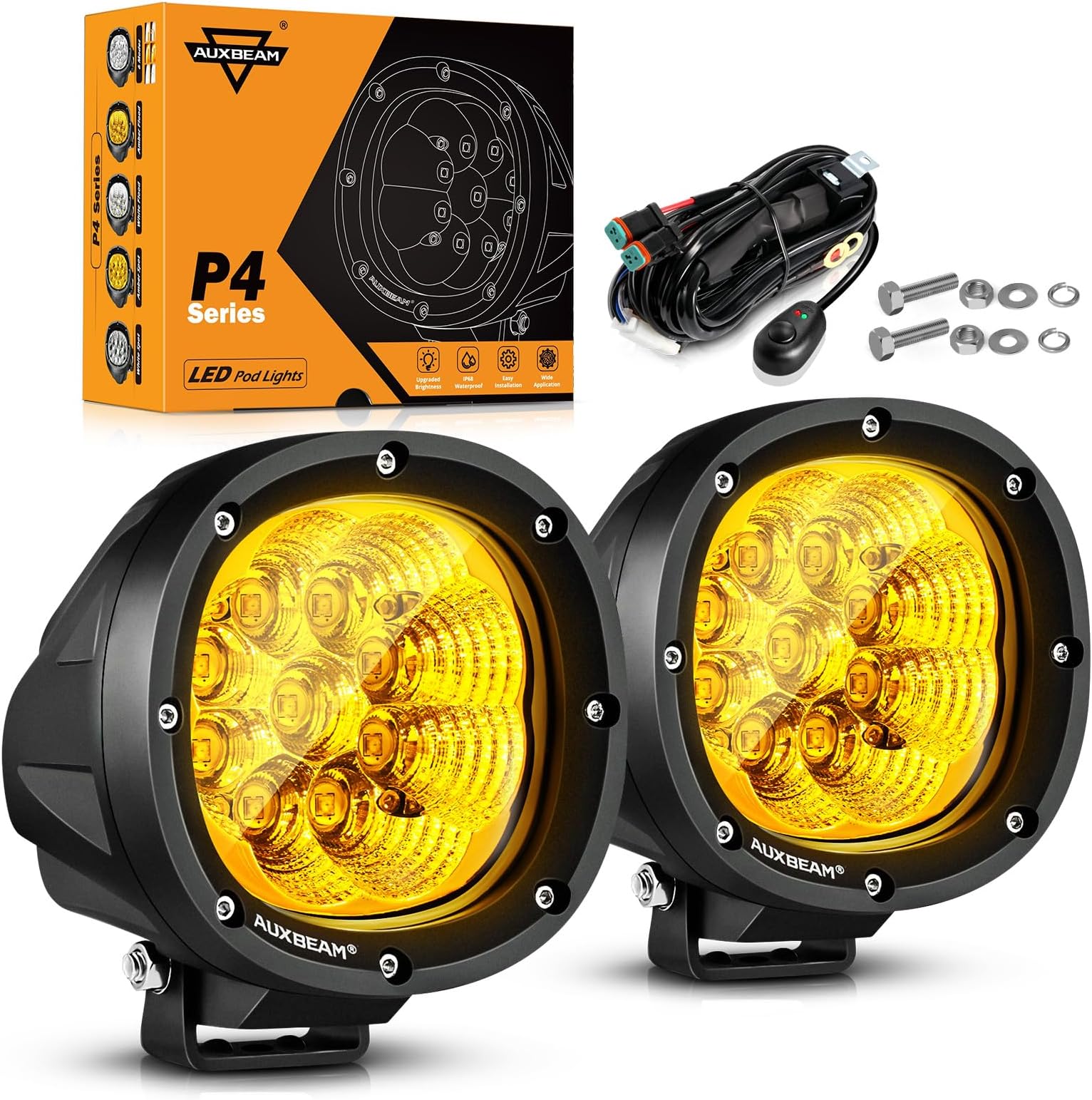 Auxbeam 4 Inch 90W Amber Fog Lights Round LED Pods Offroad Flood Lights