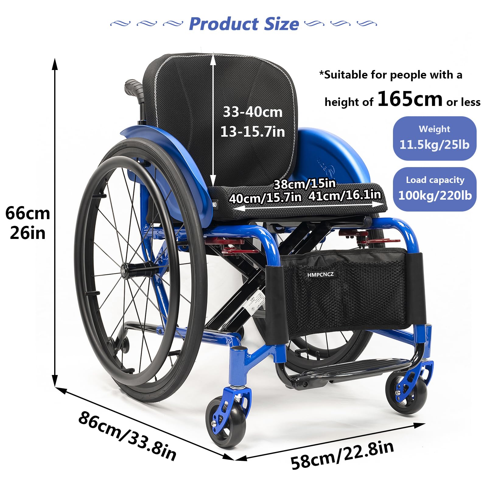 Silla De Rueda Deportiva Liviana para Adultos, Silla De Aleación De Aluminio Ligero Portátil Plegable, Altura De Asiento Y Reposapiés Ajustable, con Ruedas De 24 Pulgadas(40cm/15.7in,Blue)
