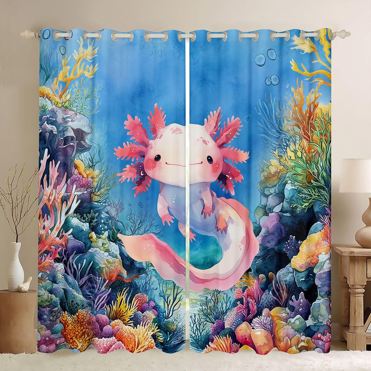 Homemissing Axolotl - Tende oscuranti per camera da letto e soggiorno, motivo animali marini in stile cartone animato, tende oscuranti con salamandra, 2 pannelli, 132 x 228 cm, decorazione per la